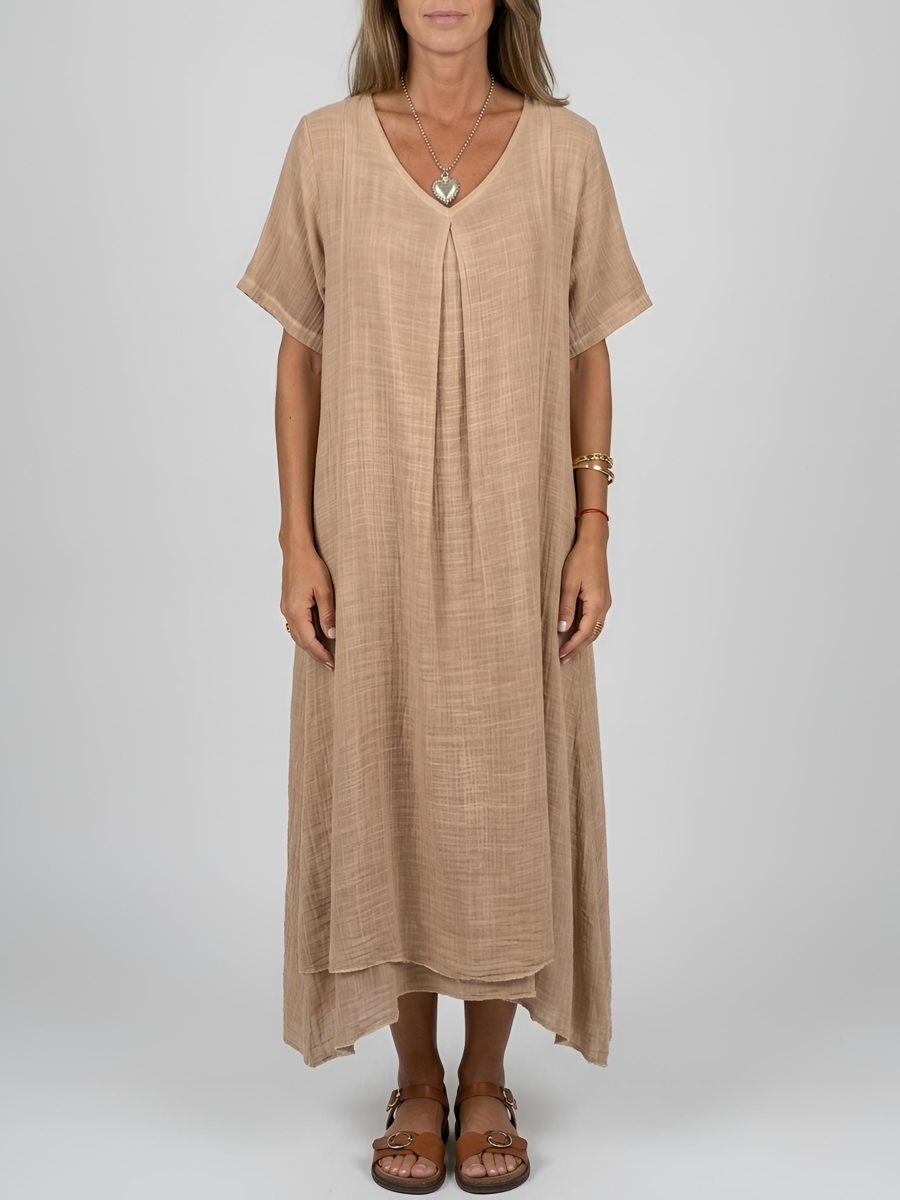 Długa sukienka damska z dekoltem w serek, krótki rękaw, letnia sukienka casual, luźna sukienka damska