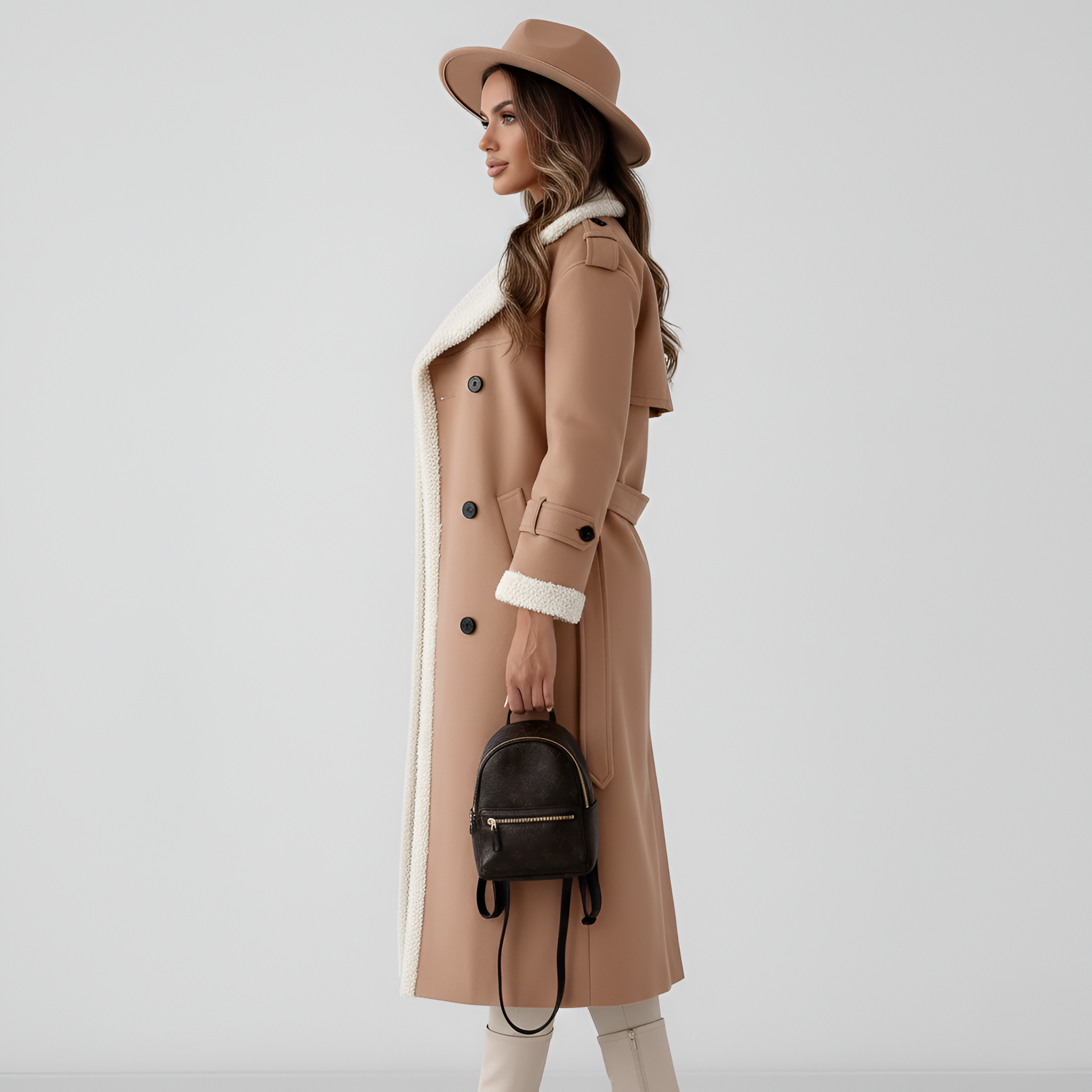 Valerios Fashion μακρύ παλτό από δερματίνη με φόδρα shearling για γυναίκες