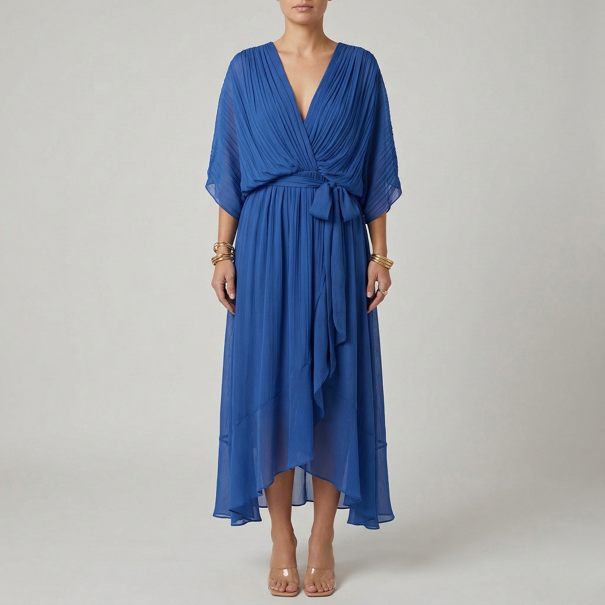 Dlouhé dámské šaty s výstřihem do V a páskem, elegantní letní šaty s širokými rukávy