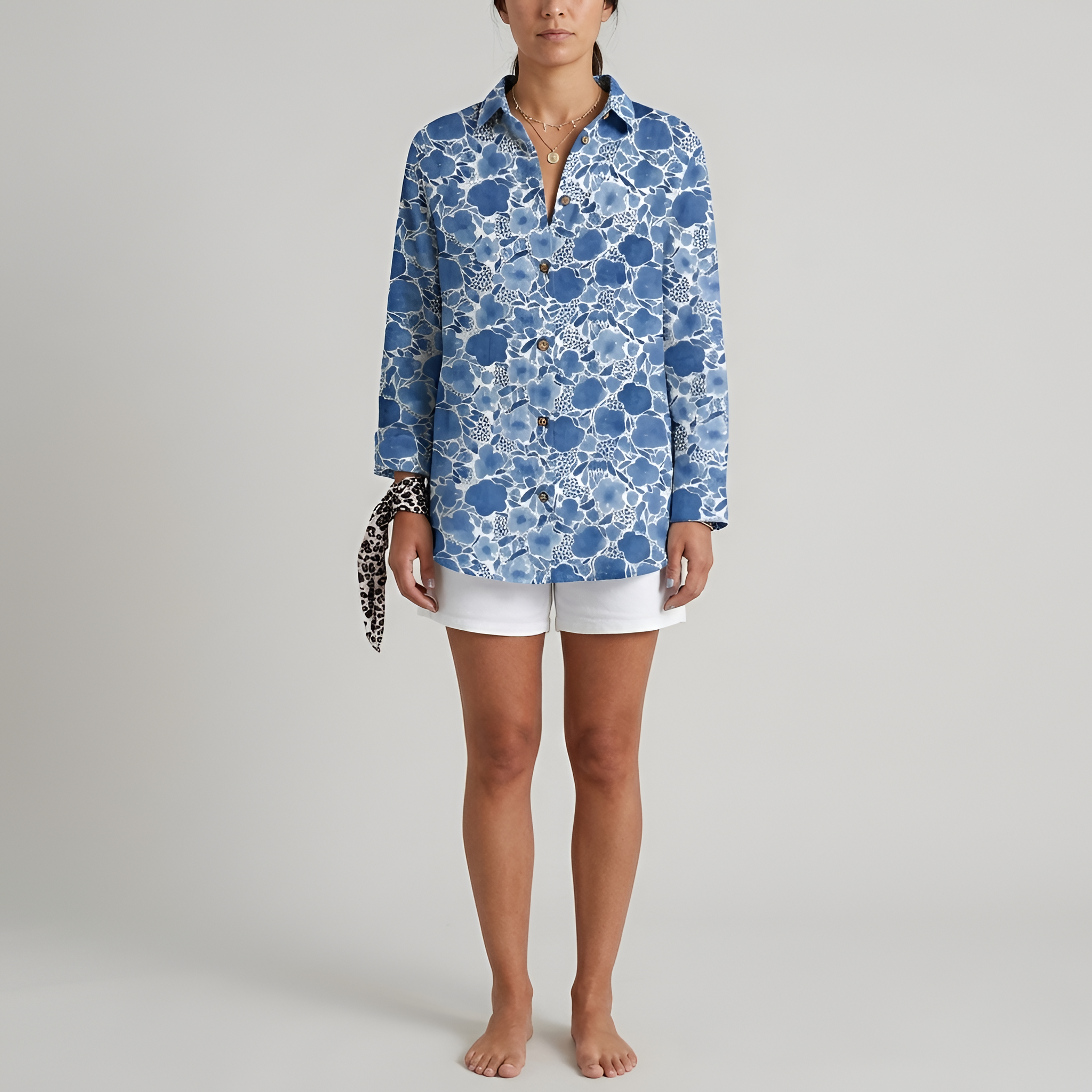 Długa damska koszula w kwiaty z bawełny z guzikami, długi rękaw, casualowa letnia