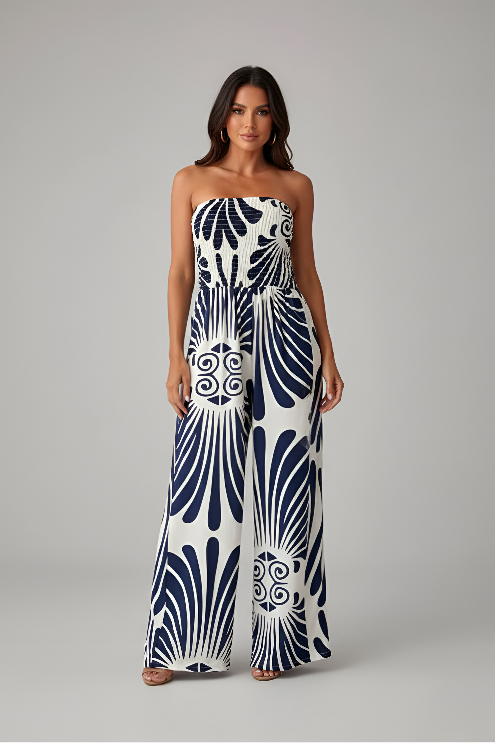 Női hosszú ruha pánt nélkül mintával, elegáns hétköznapi nyári viselet