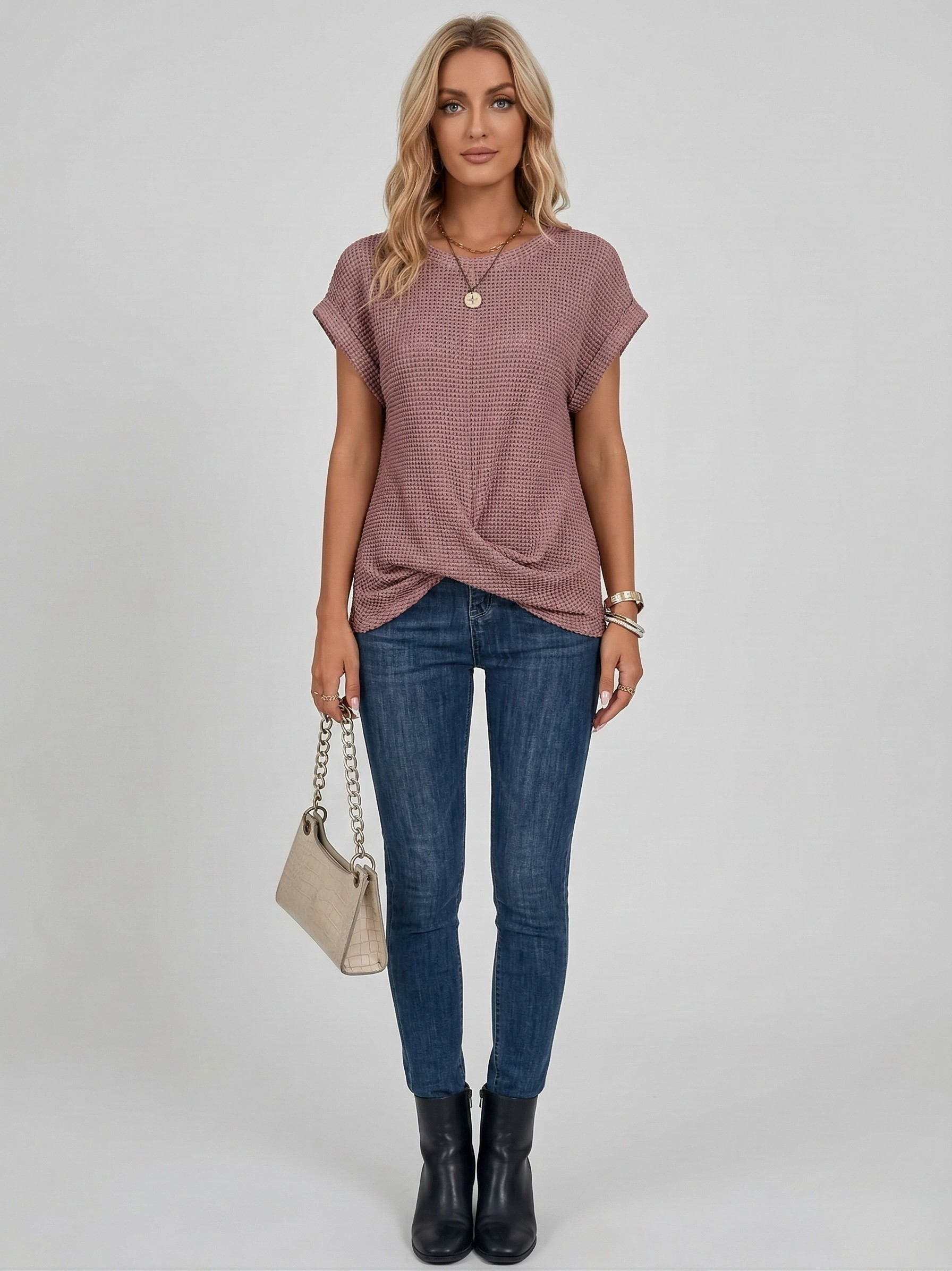 Tricou damă din bumbac cu mâneci scurte și guler rotund, tricou casual de vară pentru femei