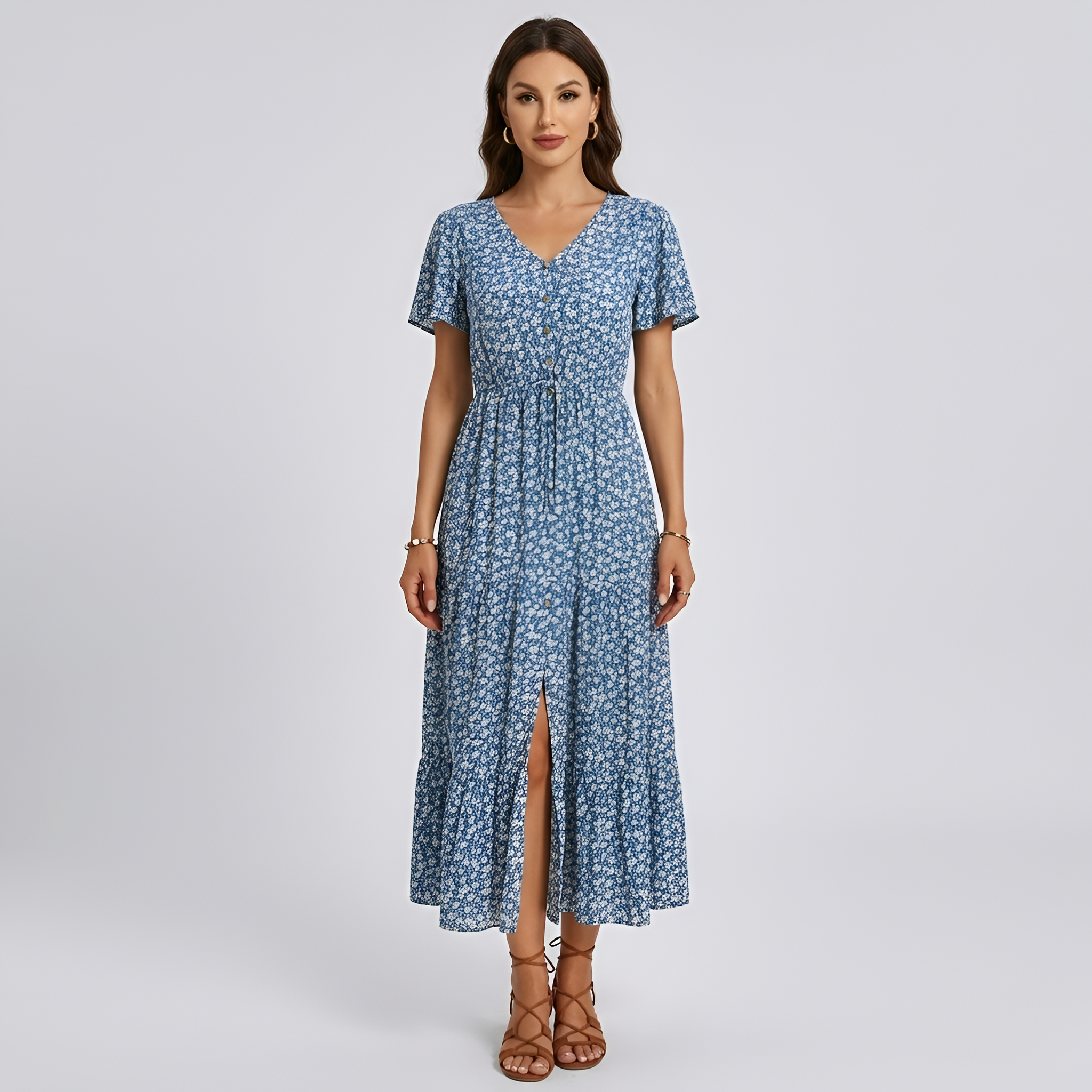 Vestido longo feminino floral com decote em V, mangas curtas e botões frontais
