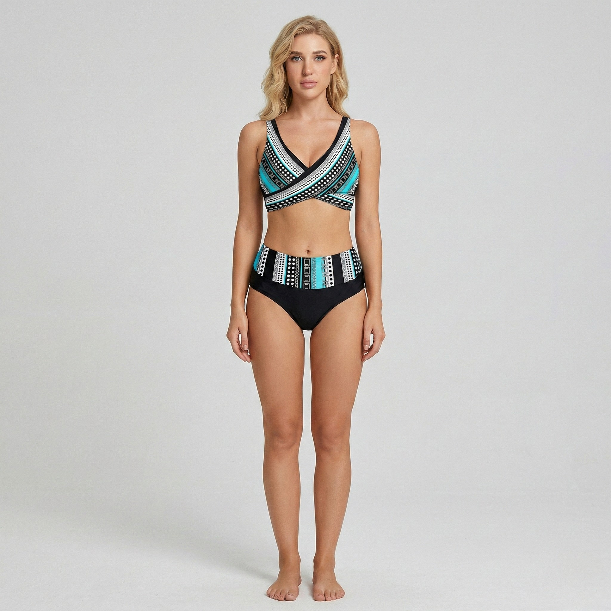 Bikini Donna Vita Alta Incrociato Costume da Bagno Due Pezzi Stampato