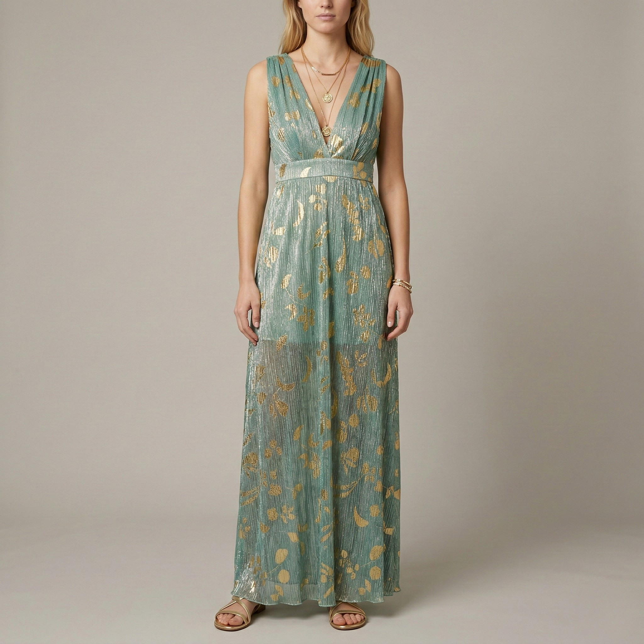 Abito Lungo Donna Scollo a V Senza Maniche Vestito Elegante da Cerimonia