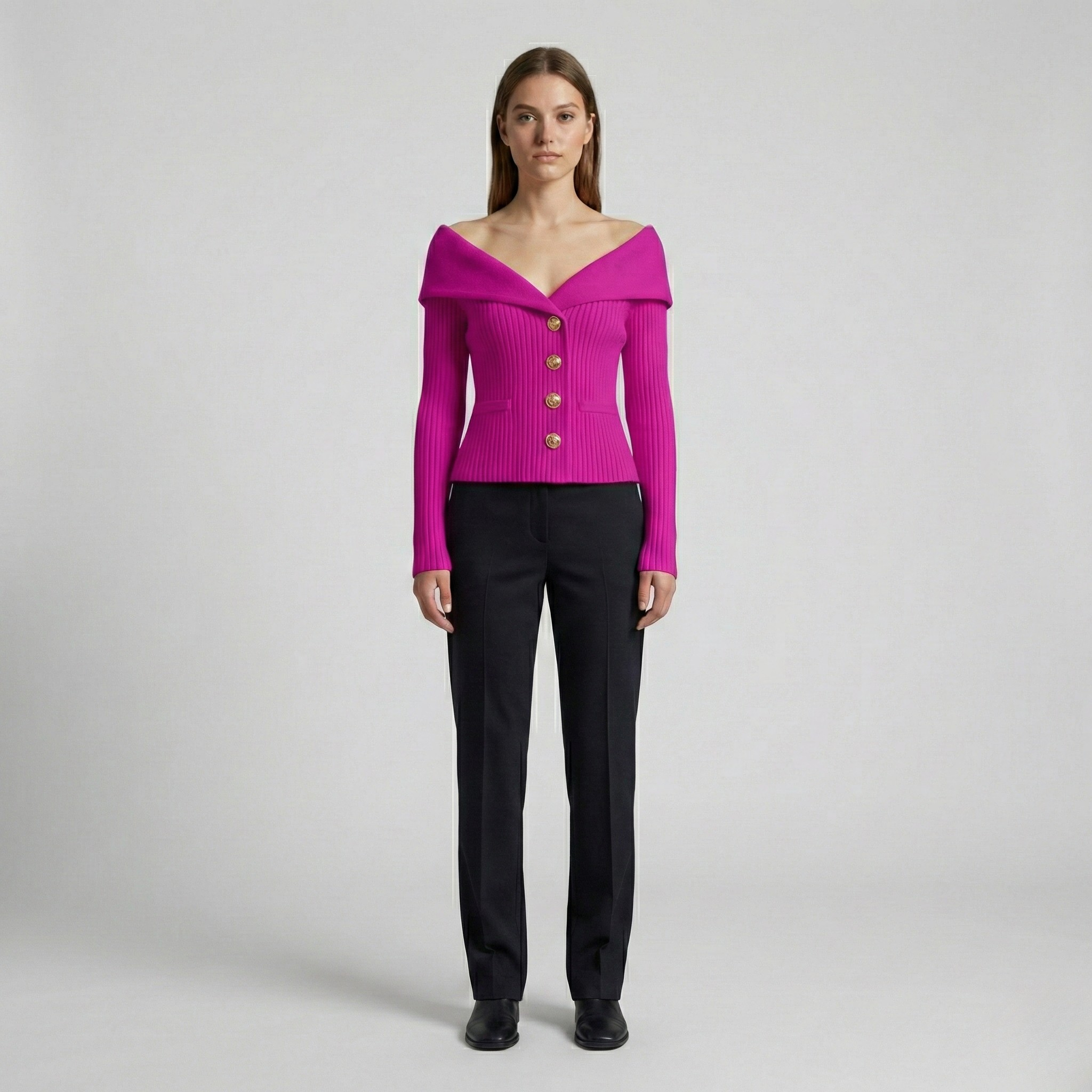 Női bordázott kardigángombos V-nyakú szűk szabású pulóver