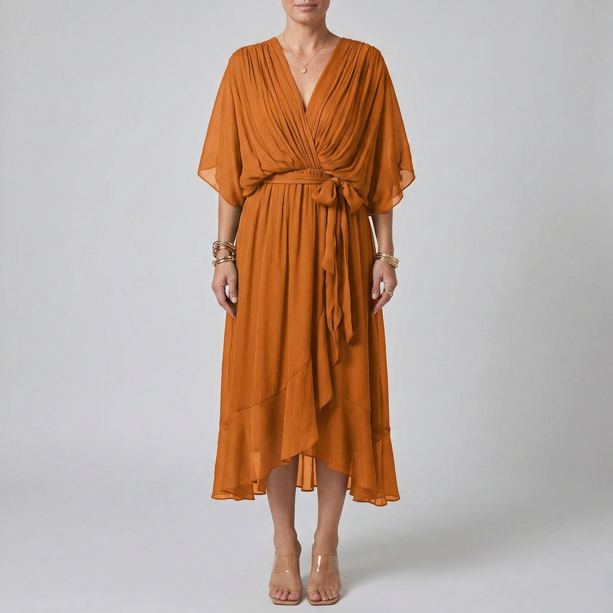 Dlouhé dámské šaty s výstřihem do V a páskem, elegantní letní šaty s širokými rukávy