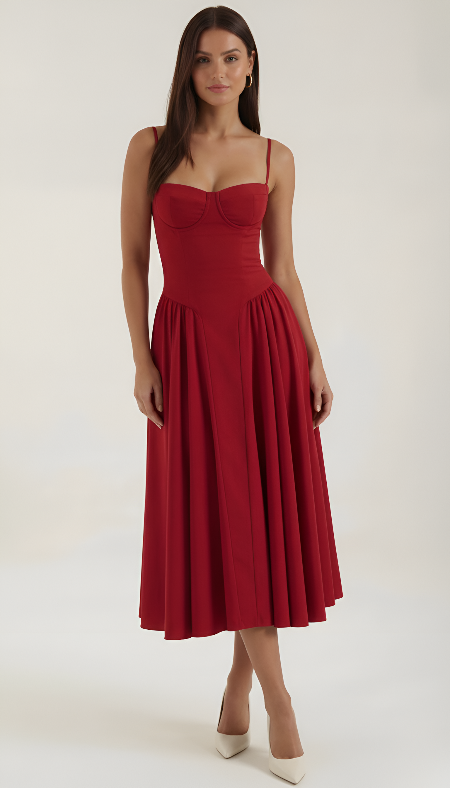 Vestido midi de mujer con corsé floral y tirantes finos