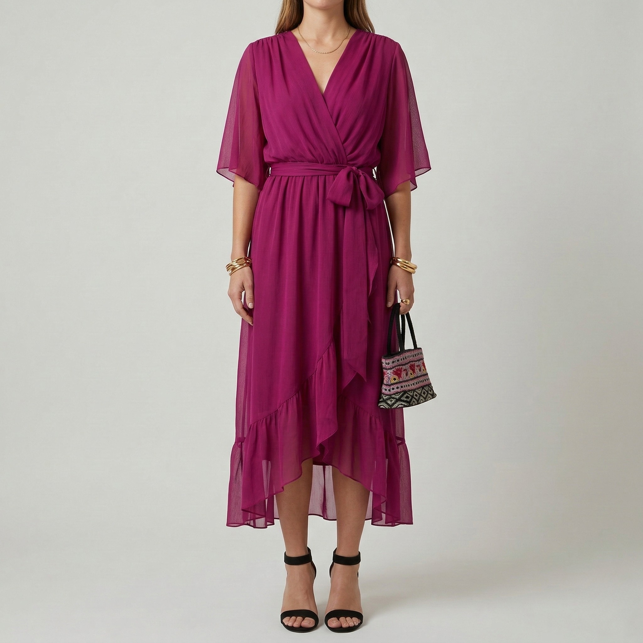 Dlouhé dámské šaty s výstřihem do V a páskem, elegantní letní šaty s širokými rukávy