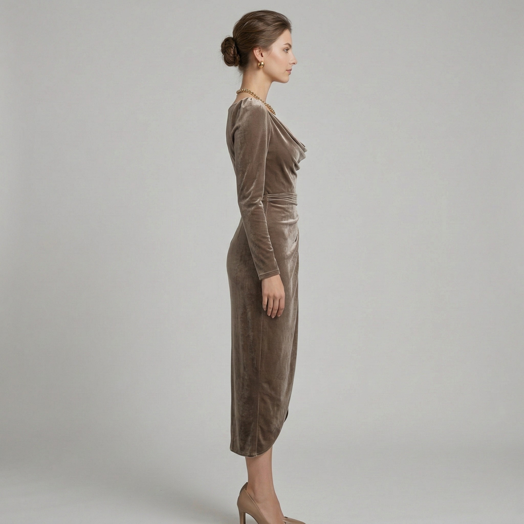 Vestido elegante midi de veludo para mulher, decote drapeado, mangas compridas, vestido de noite