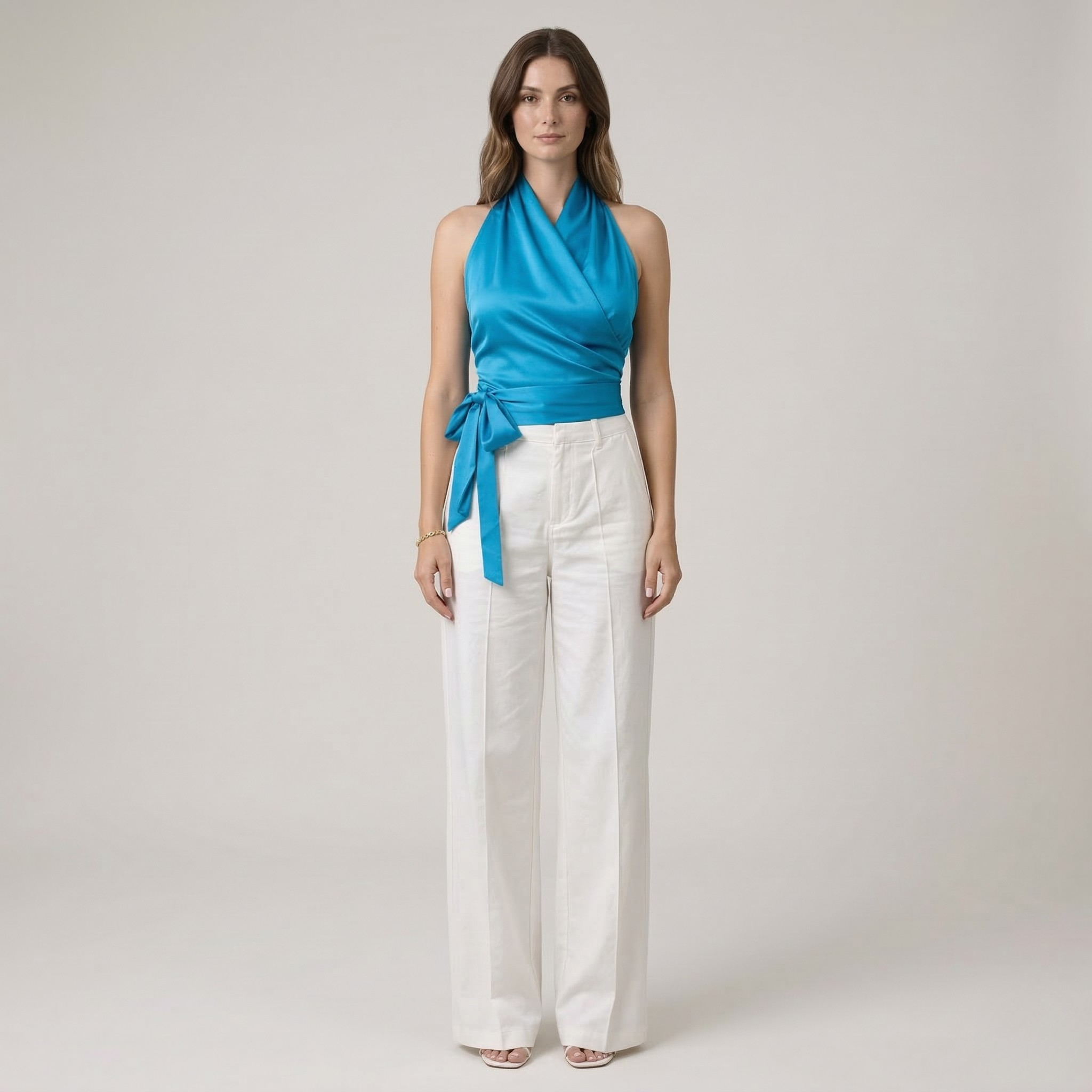 Women's elegant halter neck top with belt sleeveless slim fit blouse