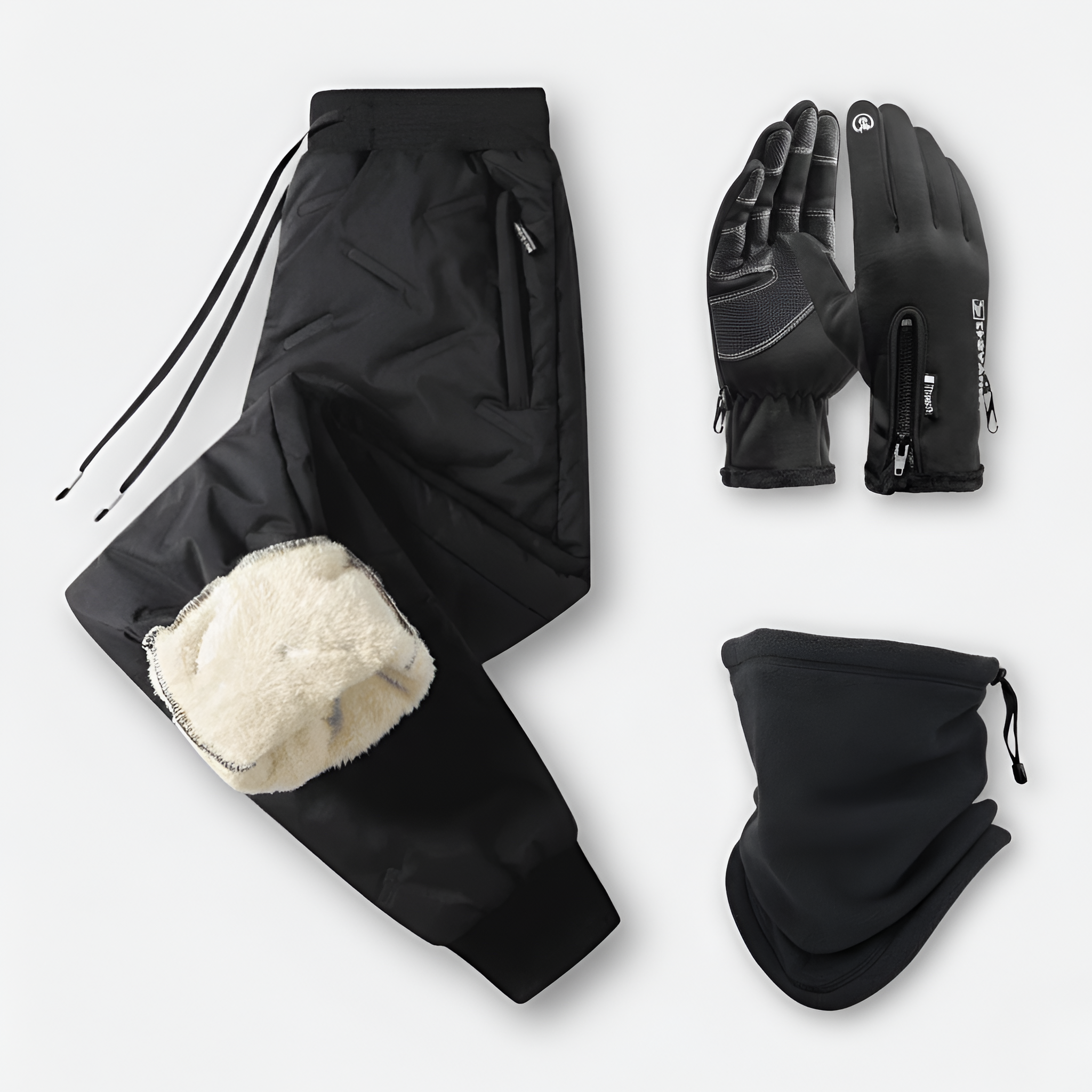 Conjunto invernal unisex pantalones térmicos con guantes y braga para el cuello para actividades al aire libre