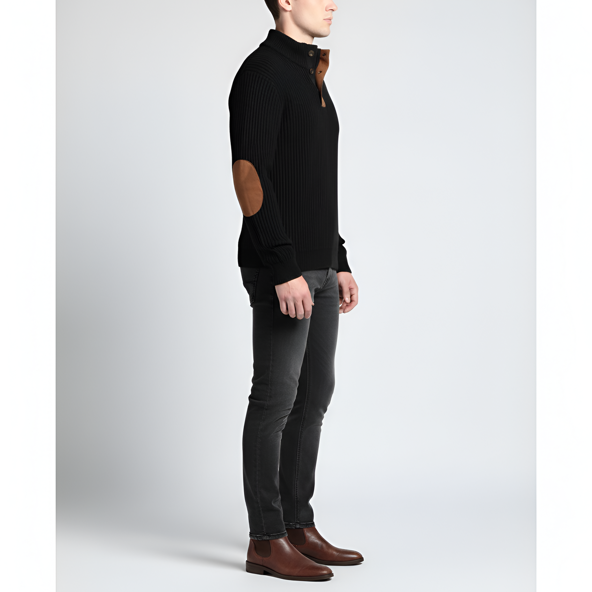 Valerios Fashion maglione dolcevita uomo a coste con toppe ai gomiti