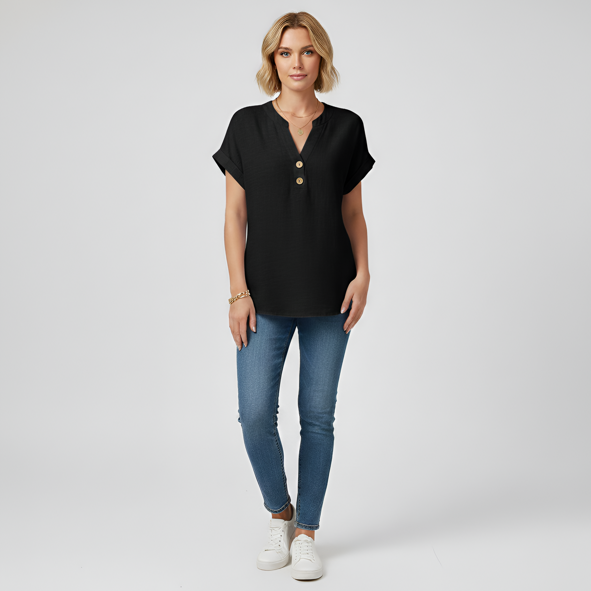 Blusa donna maniche corte in cotone con scollo a V e bottoni