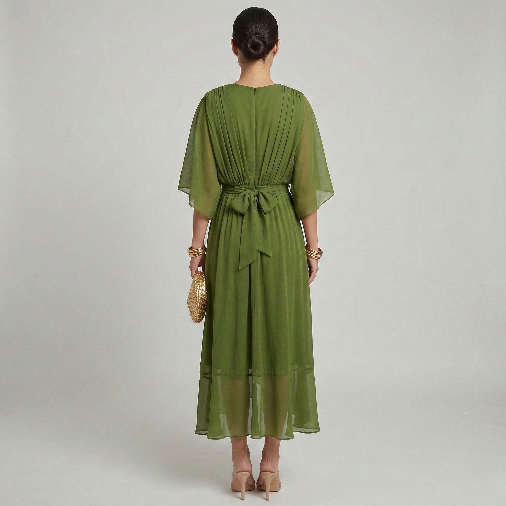 Dlouhé dámské šaty s výstřihem do V a páskem, elegantní letní šaty s širokými rukávy