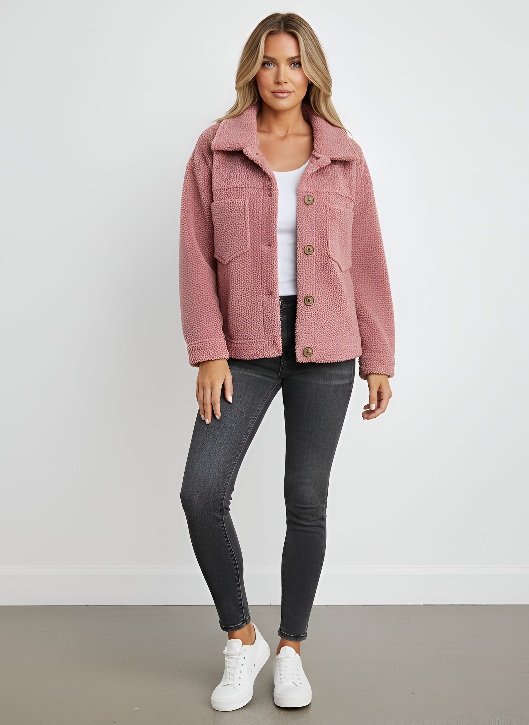 Valerios Fashion casaco teddy feminino em fleece com botões e corte regular