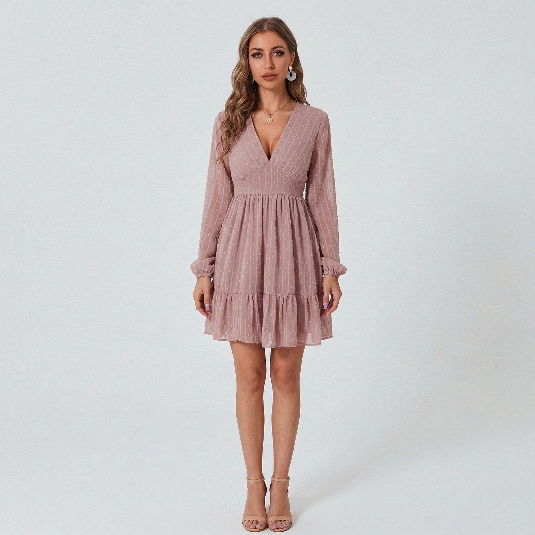 Dámske krátke šaty s výstrihom do V, dlhé rukávy, elegantné šifónové šaty s volánmi