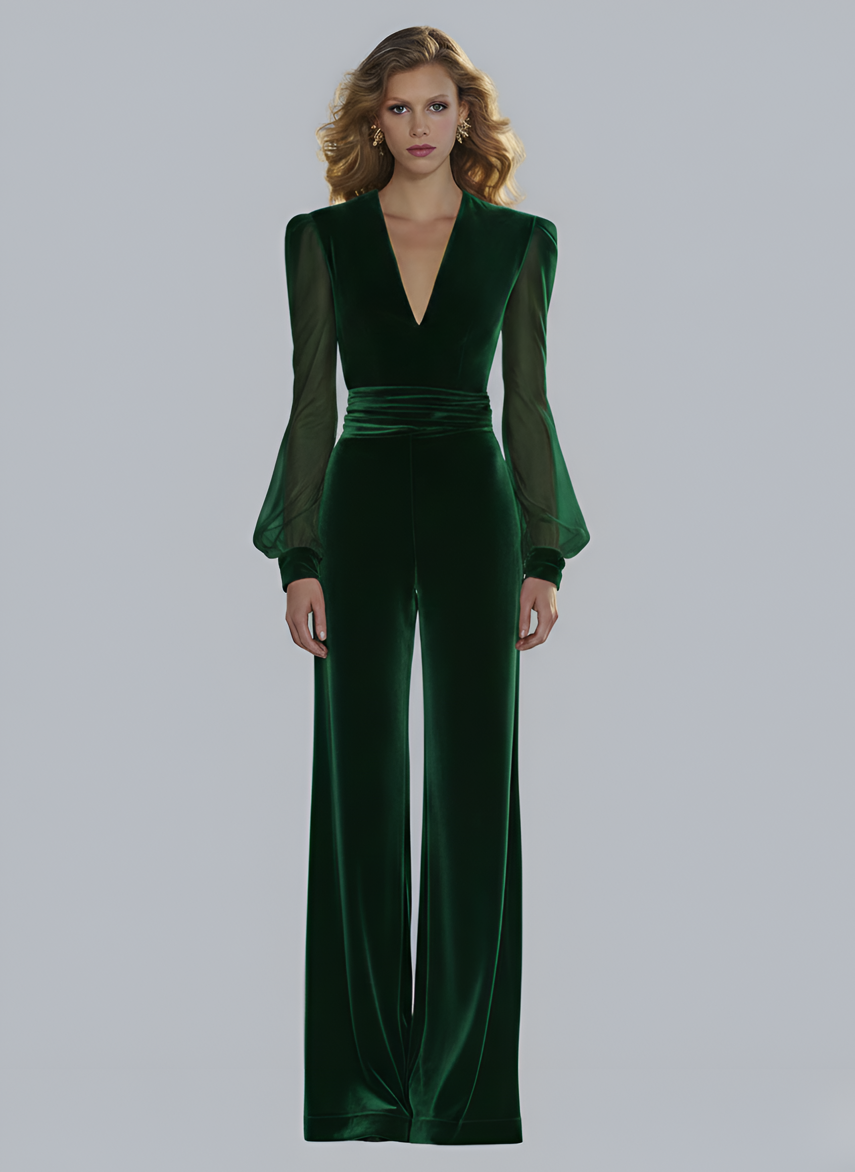 Fato elegante de mulher em veludo com decote em V e mangas compridas palazzo