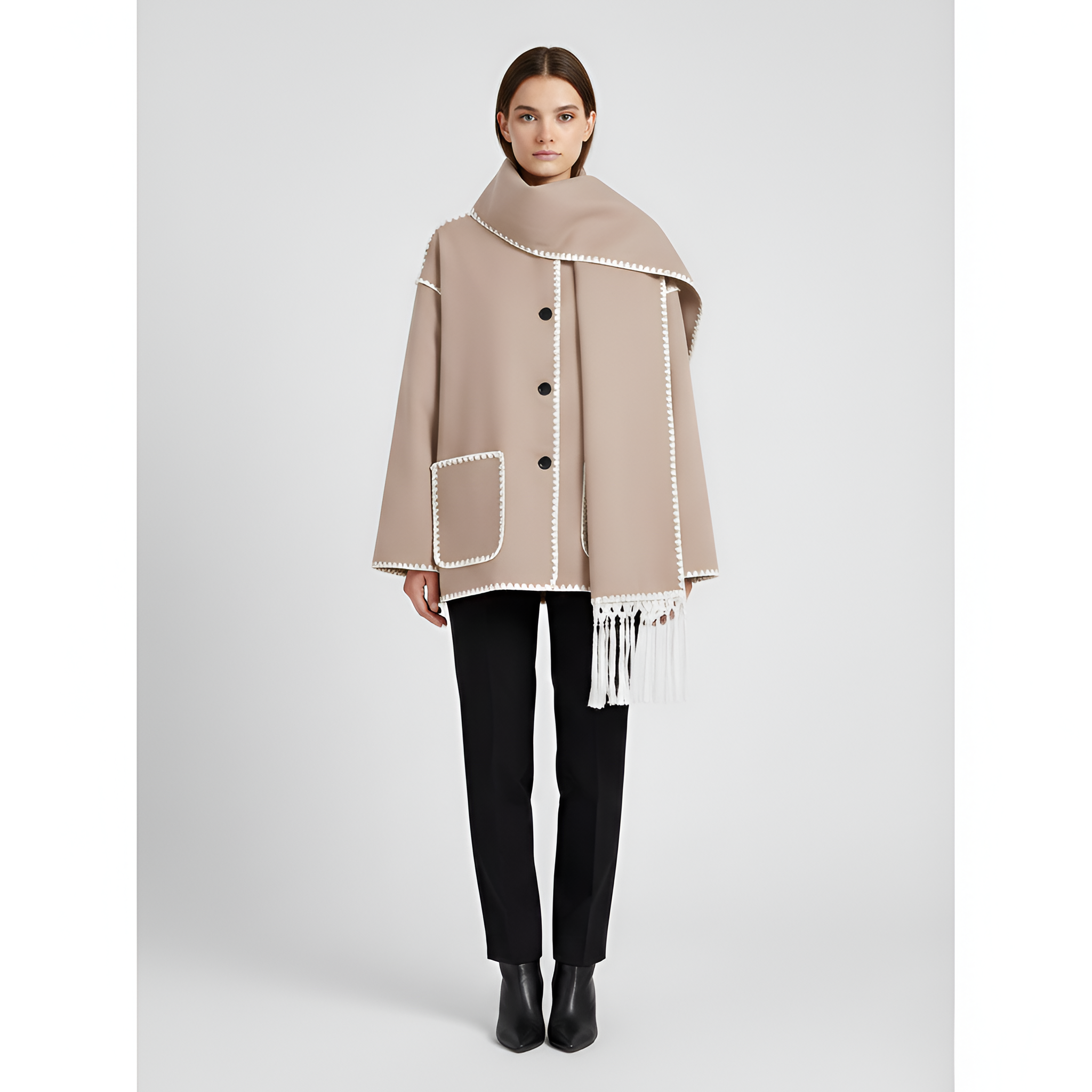 Valerios Fashion abrigo corto para mujer con bufanda integrada y botones frontales