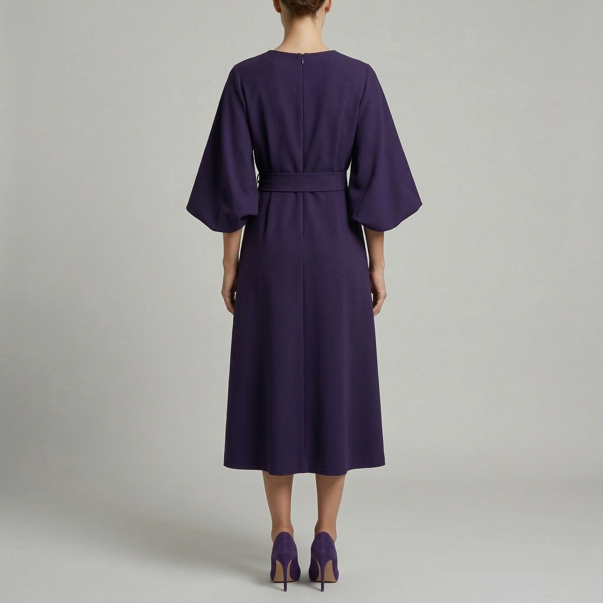 Sukienka midi damska z paskiem, szerokie rękawy, elegancka sukienka casual z długim rękawem