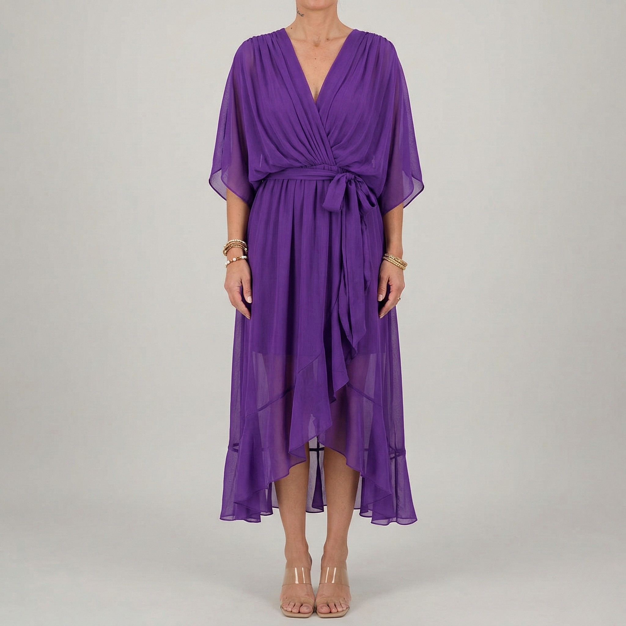 Dlouhé dámské šaty s výstřihem do V a páskem, elegantní letní šaty s širokými rukávy