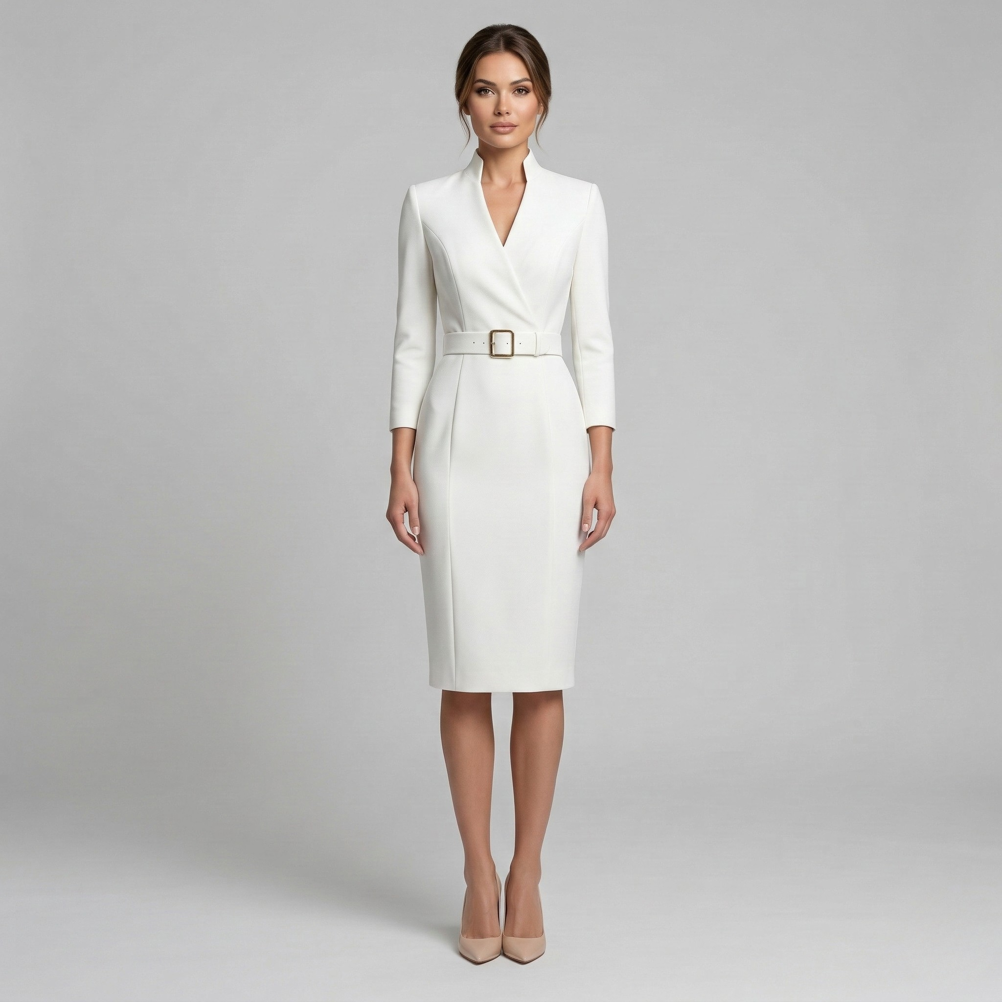 Vestito donna elegante midi con cintura scollo a V maniche 3/4 abito sartoriale slim