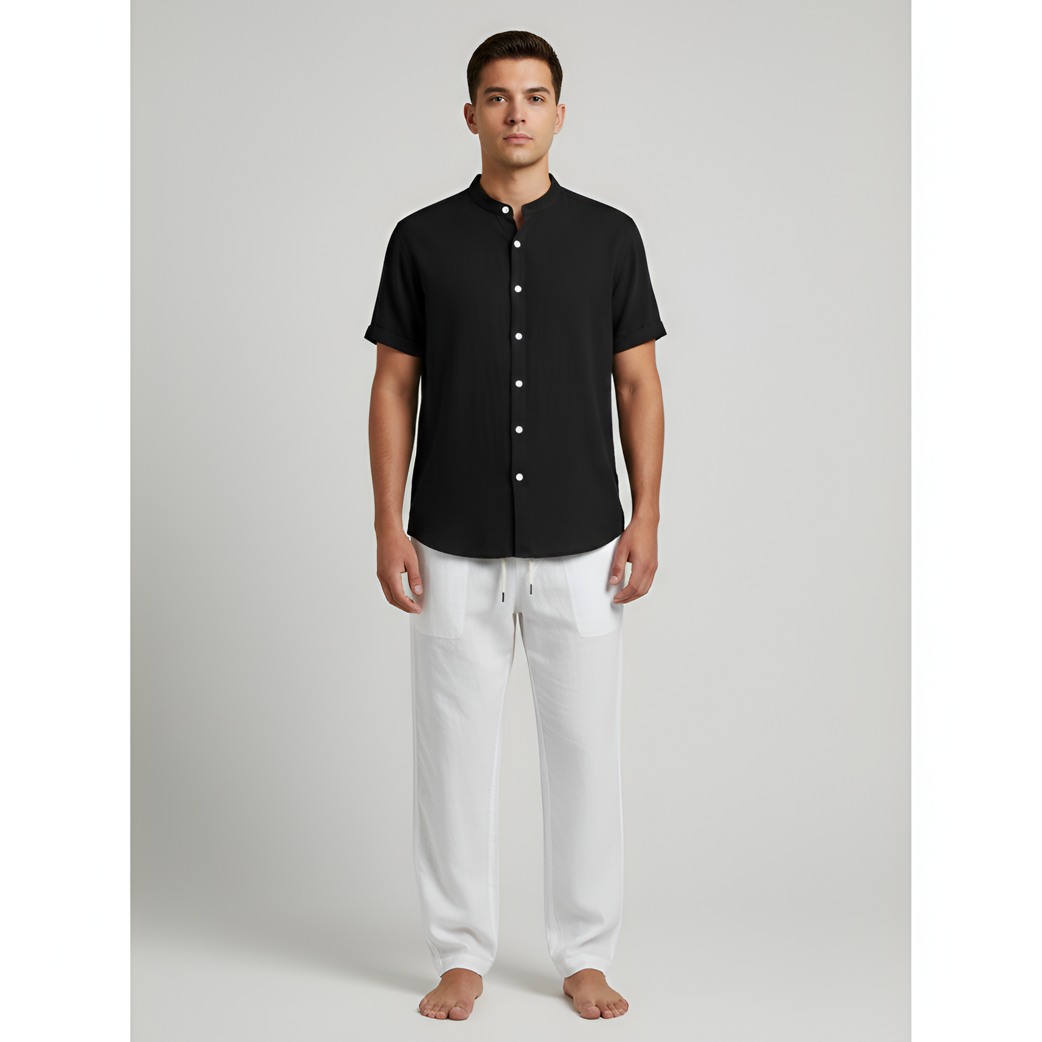 Completo Uomo Camicia e Pantaloni in Lino con Manica Corta e Vestibilità Regolare