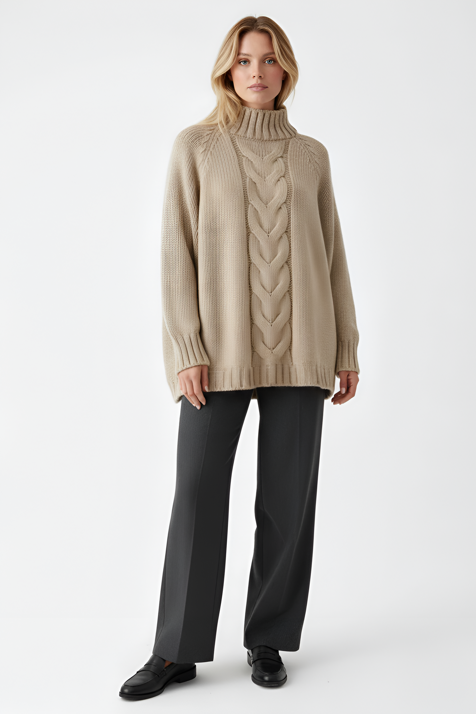 Női garbó kötött fonott mintával, bő szabású