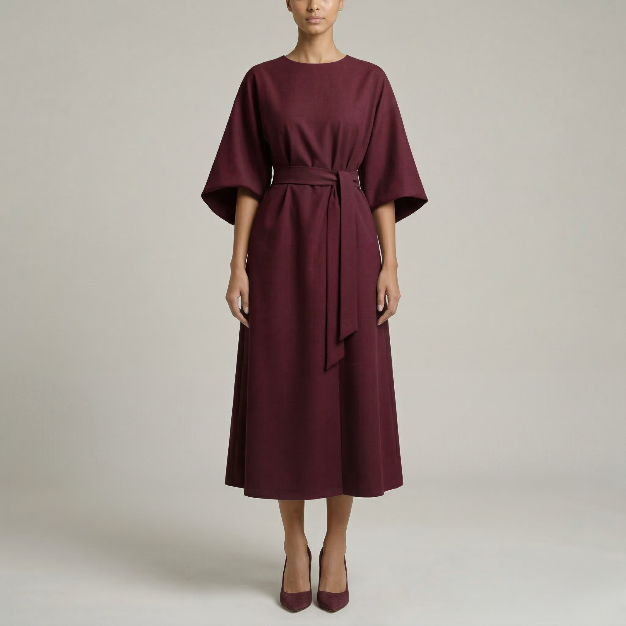 Sukienka midi damska z paskiem, szerokie rękawy, elegancka sukienka casual z długim rękawem