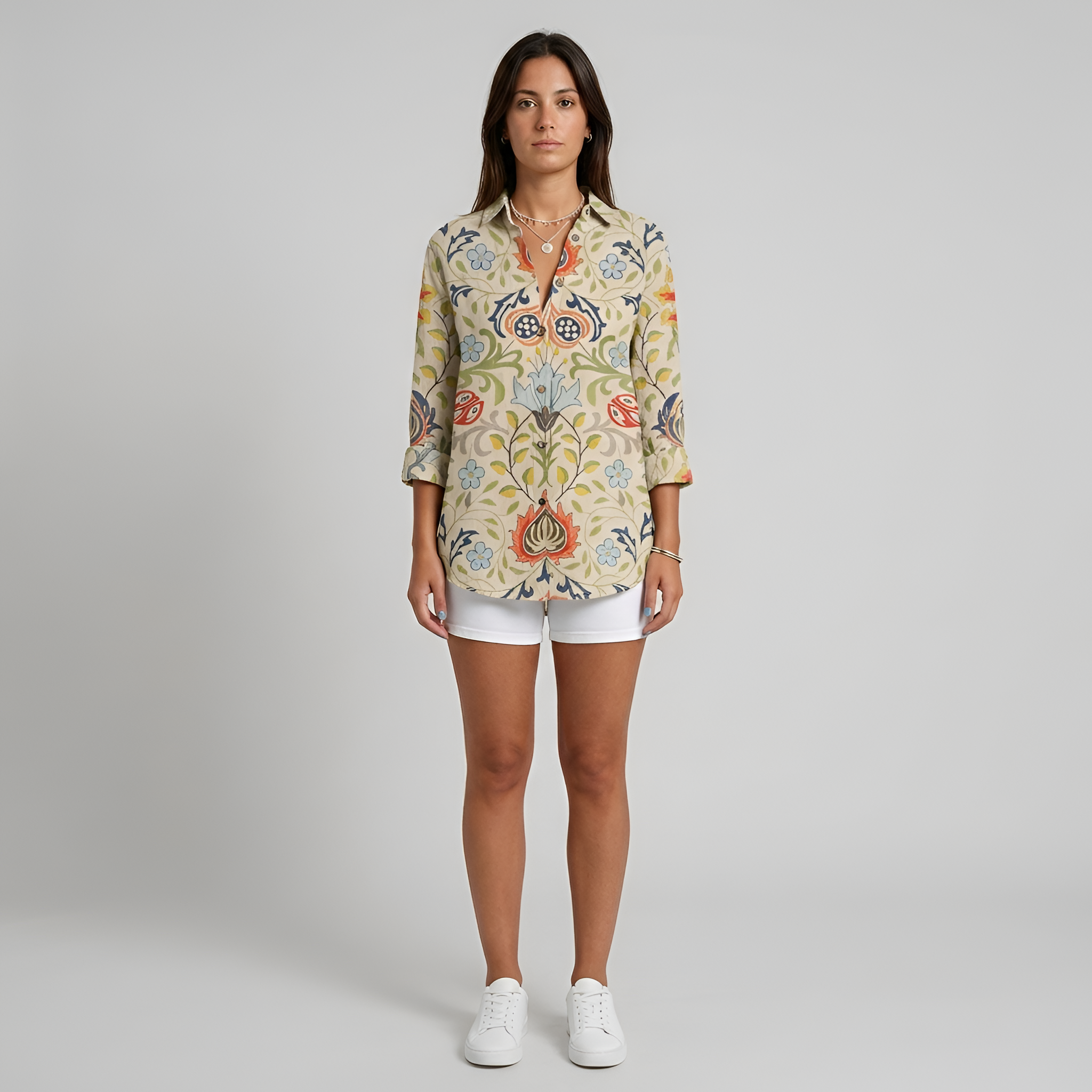 Długa damska koszula w kwiaty z bawełny z guzikami, długi rękaw, casualowa letnia