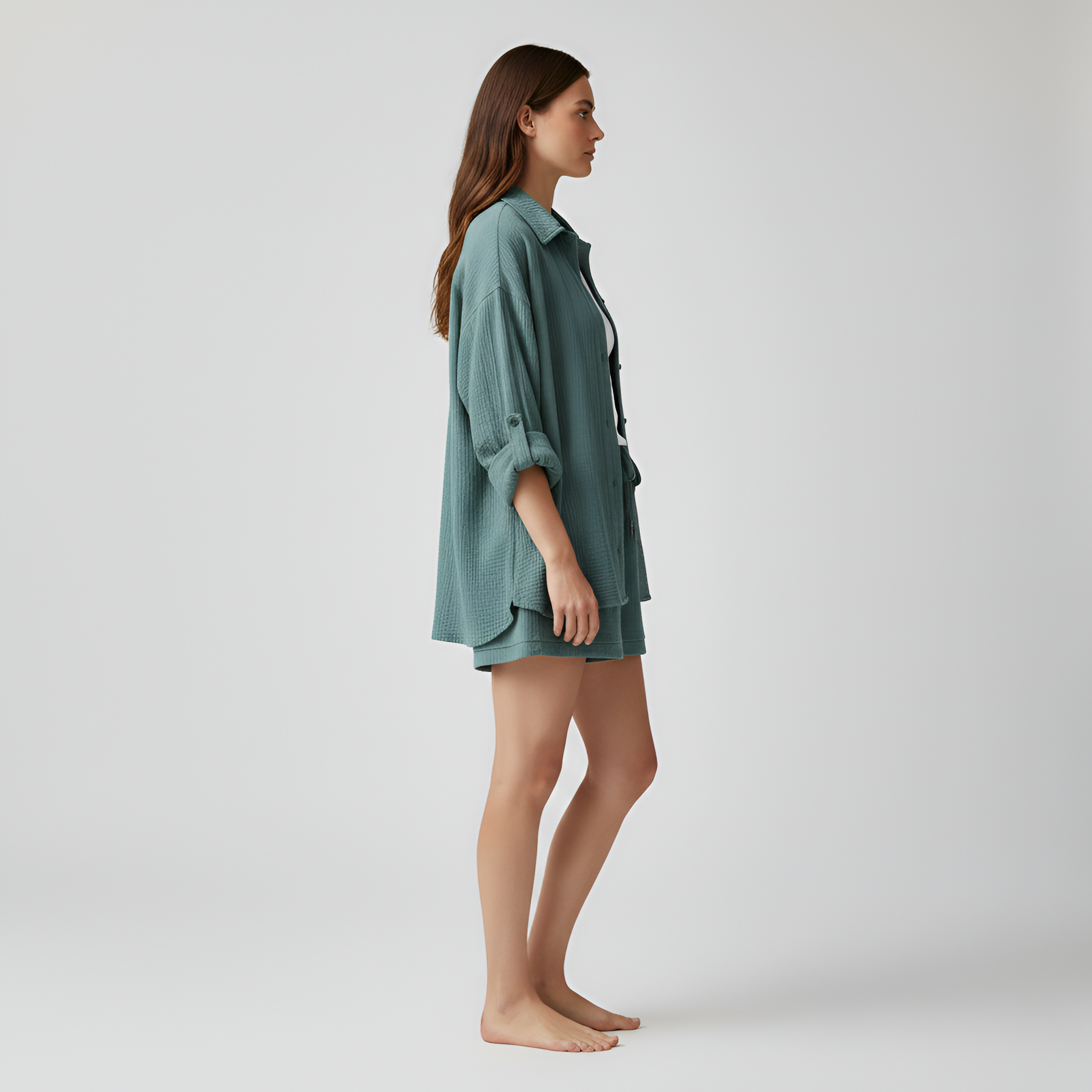 Completo donna camicia e shorts in cotone leggero con vita elasticizzata