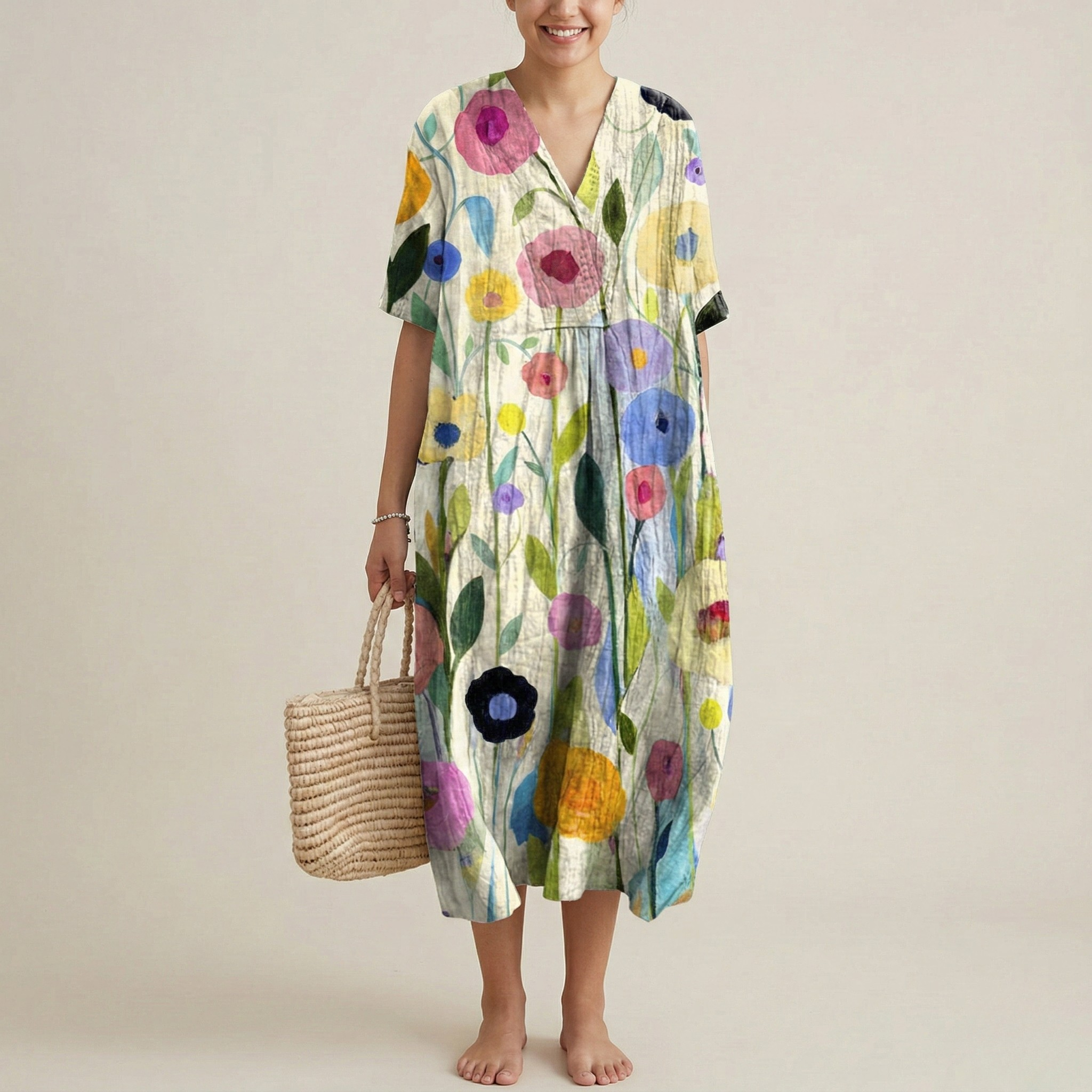 Vestito lungo donna floreale in cotone con scollo a V manica corta