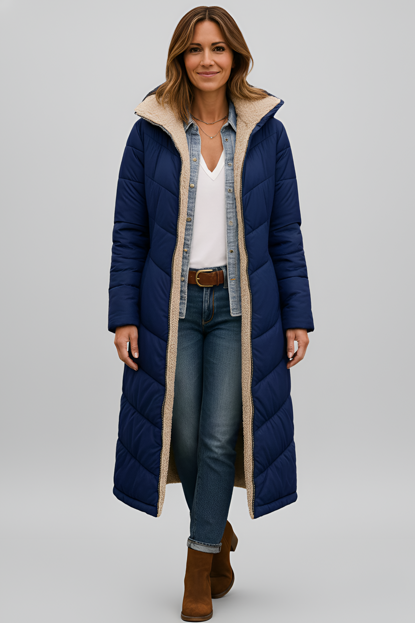 Valerios Fashion dlouhý dámský péřový kabát s podšívkou z beránčí kůže