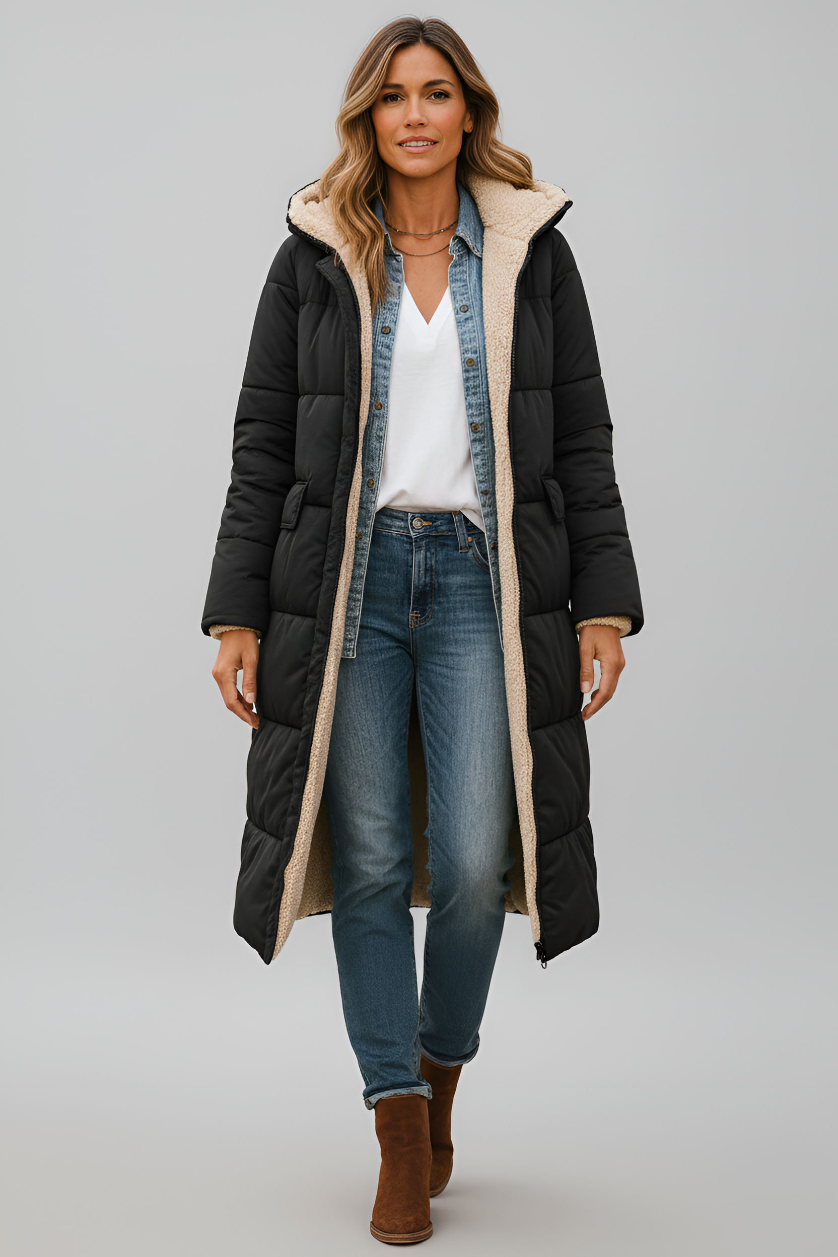 Valerios Fashion dlouhý dámský péřový kabát s podšívkou z beránčí kůže