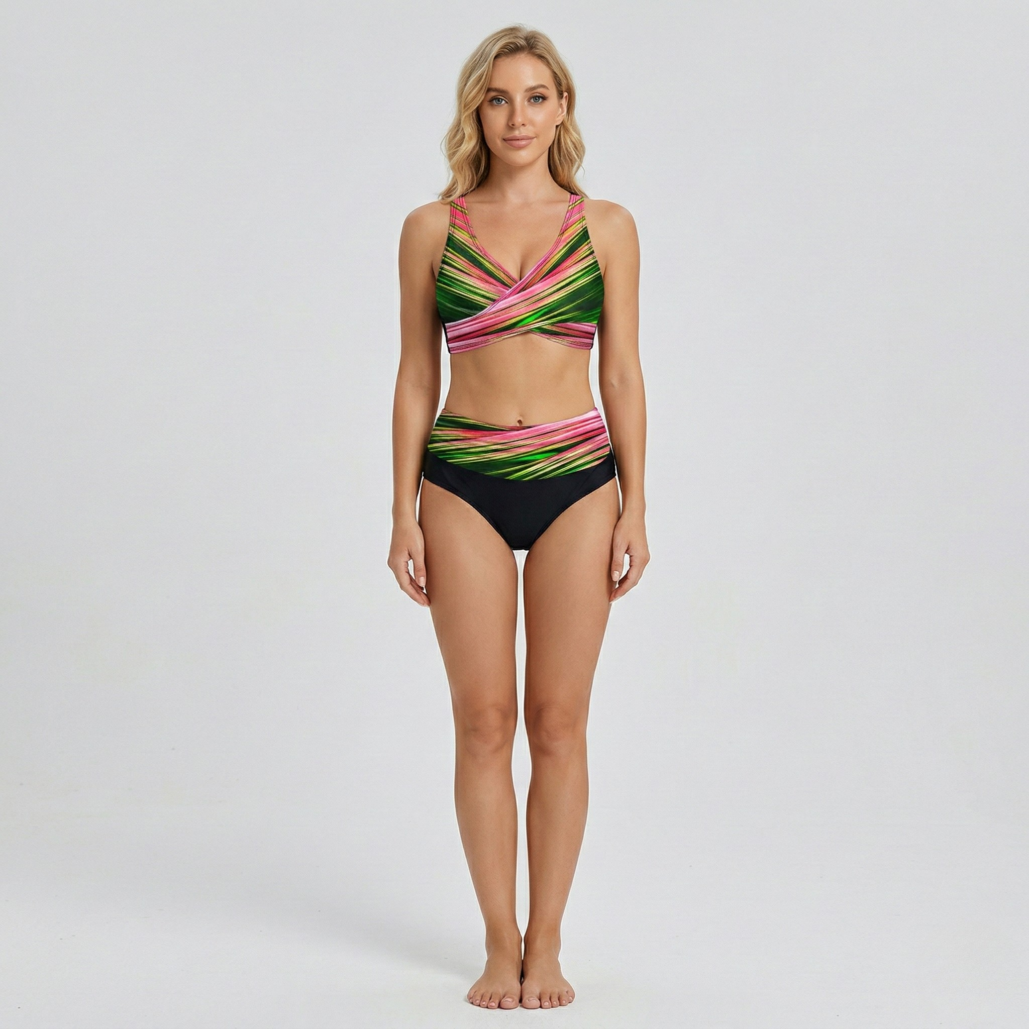 Bikini Donna Vita Alta Incrociato Costume da Bagno Due Pezzi Stampato