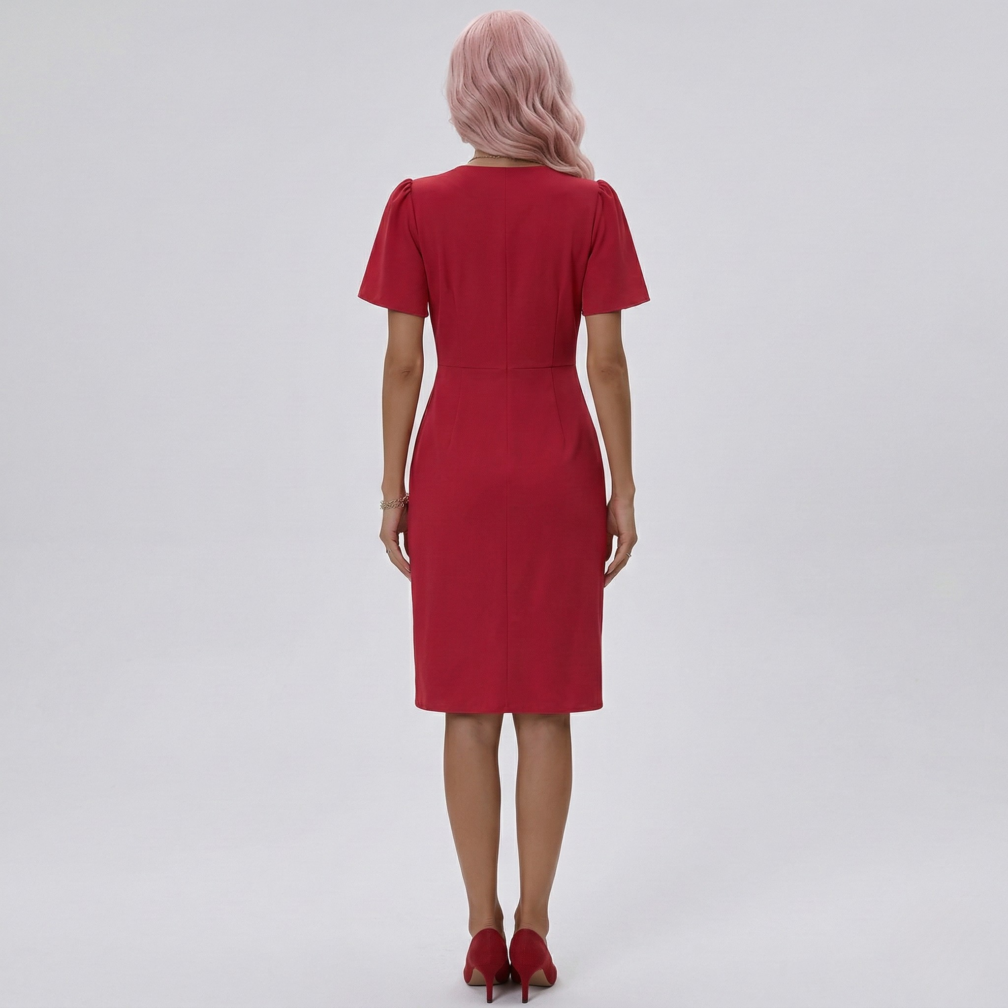 Elegant women's dress with V-neck, midi wrap dress, short sleeves, slim fit