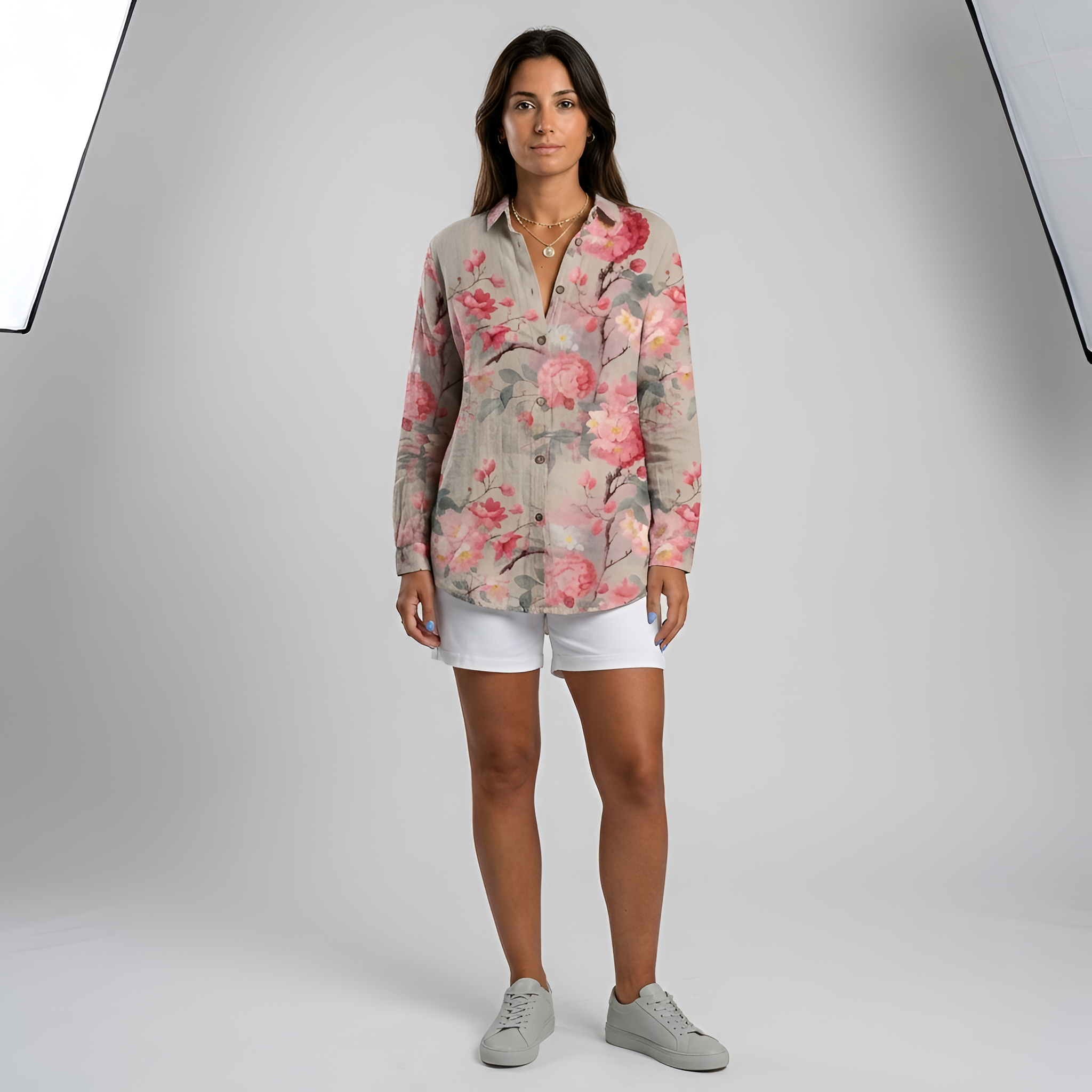 Camisa longa feminina floral em algodão com botões, manga comprida casual de verão