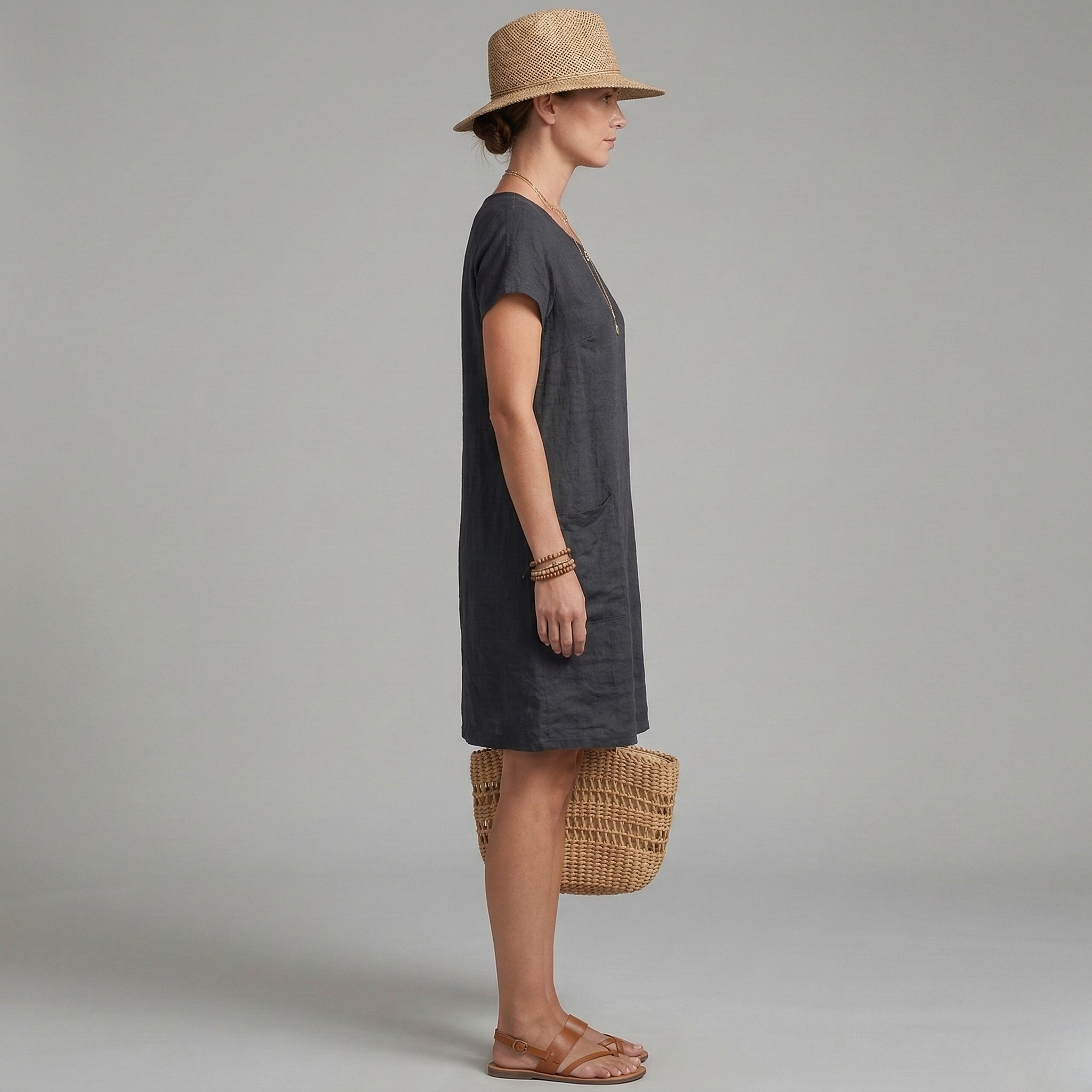 Vestido corto de lino para mujer con mangas cortas y bolsillos, vestido casual de verano para mujer