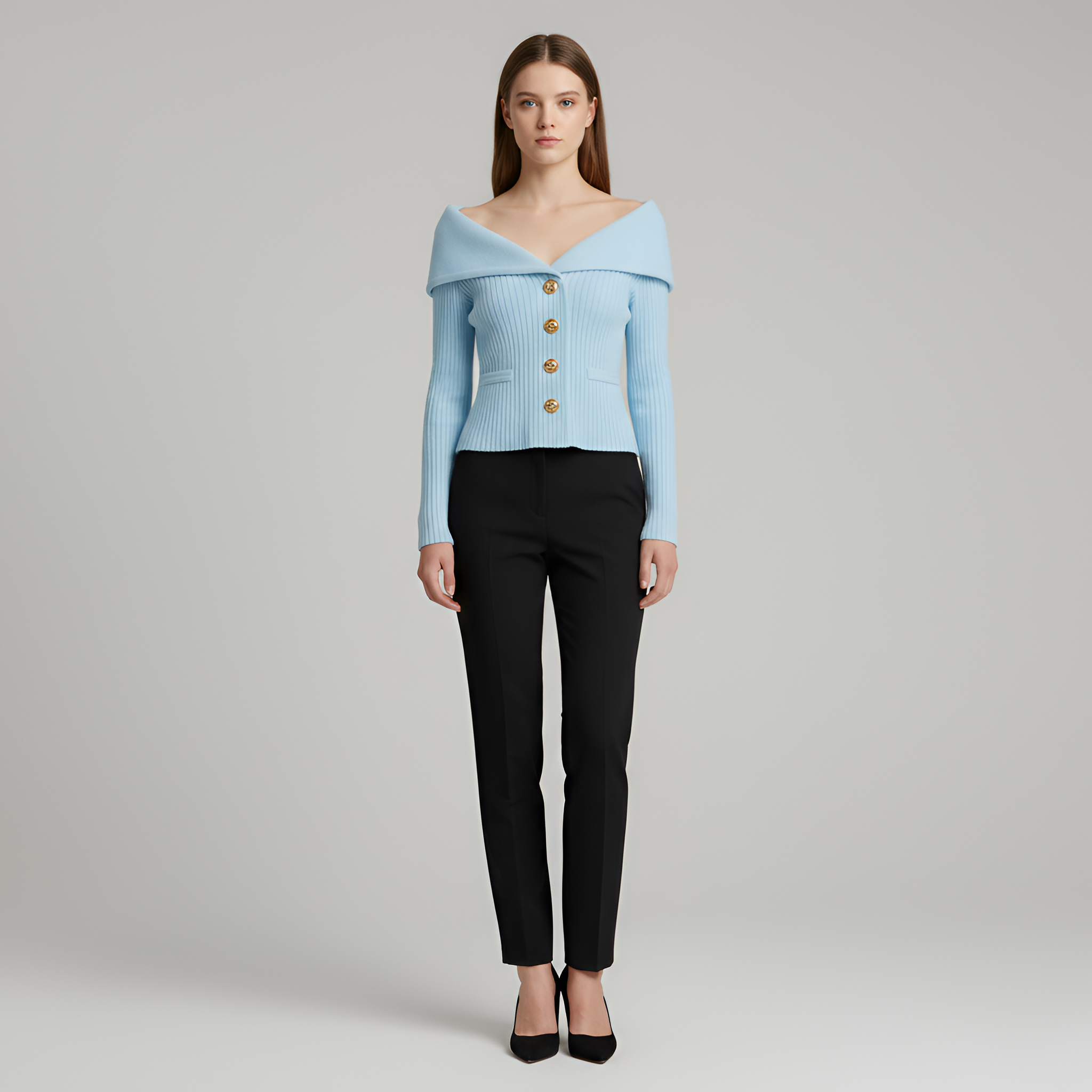 Női bordázott kardigángombos V-nyakú szűk szabású pulóver