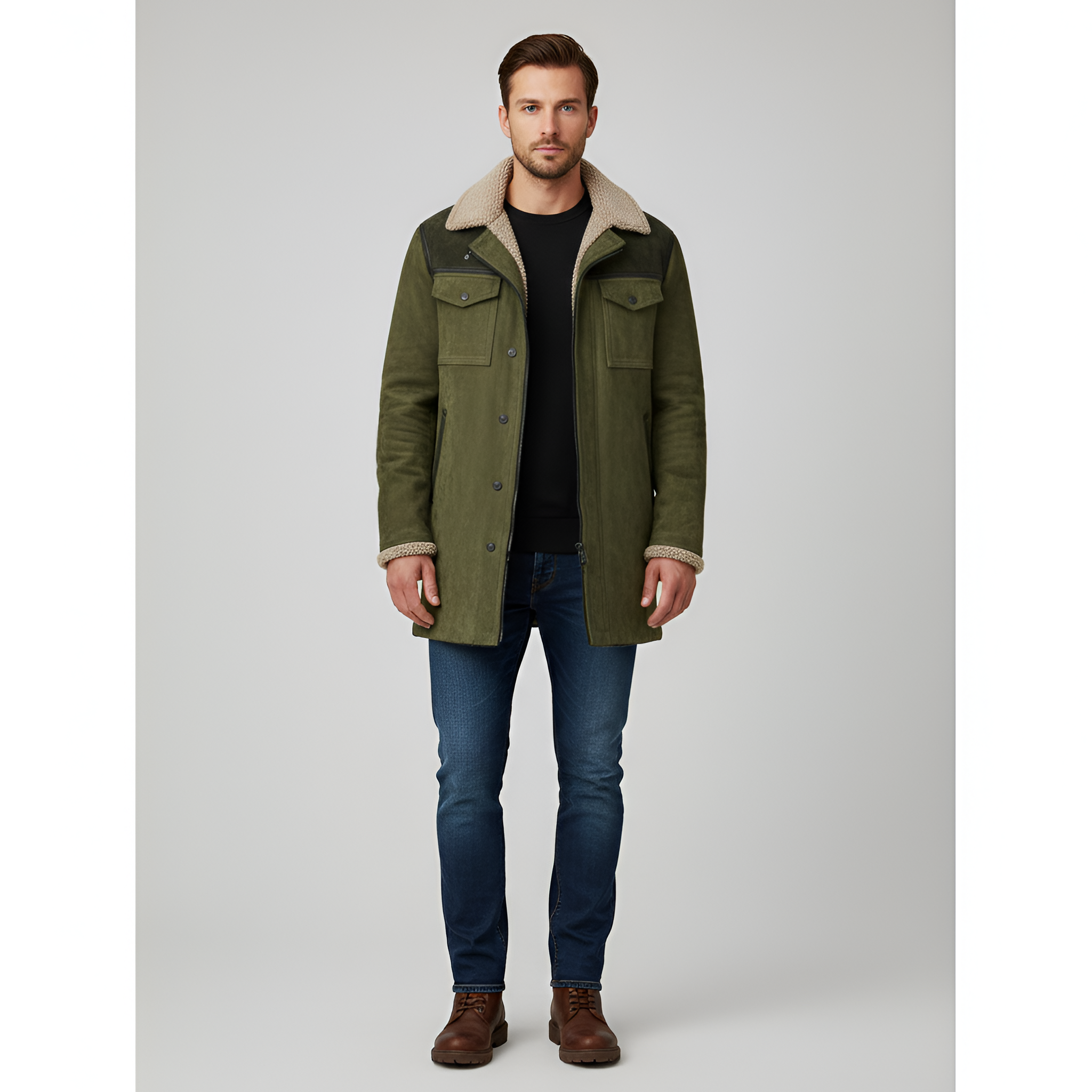 Valerios Fashion giacca uomo foderata in pile con colletto shearling e bottoni