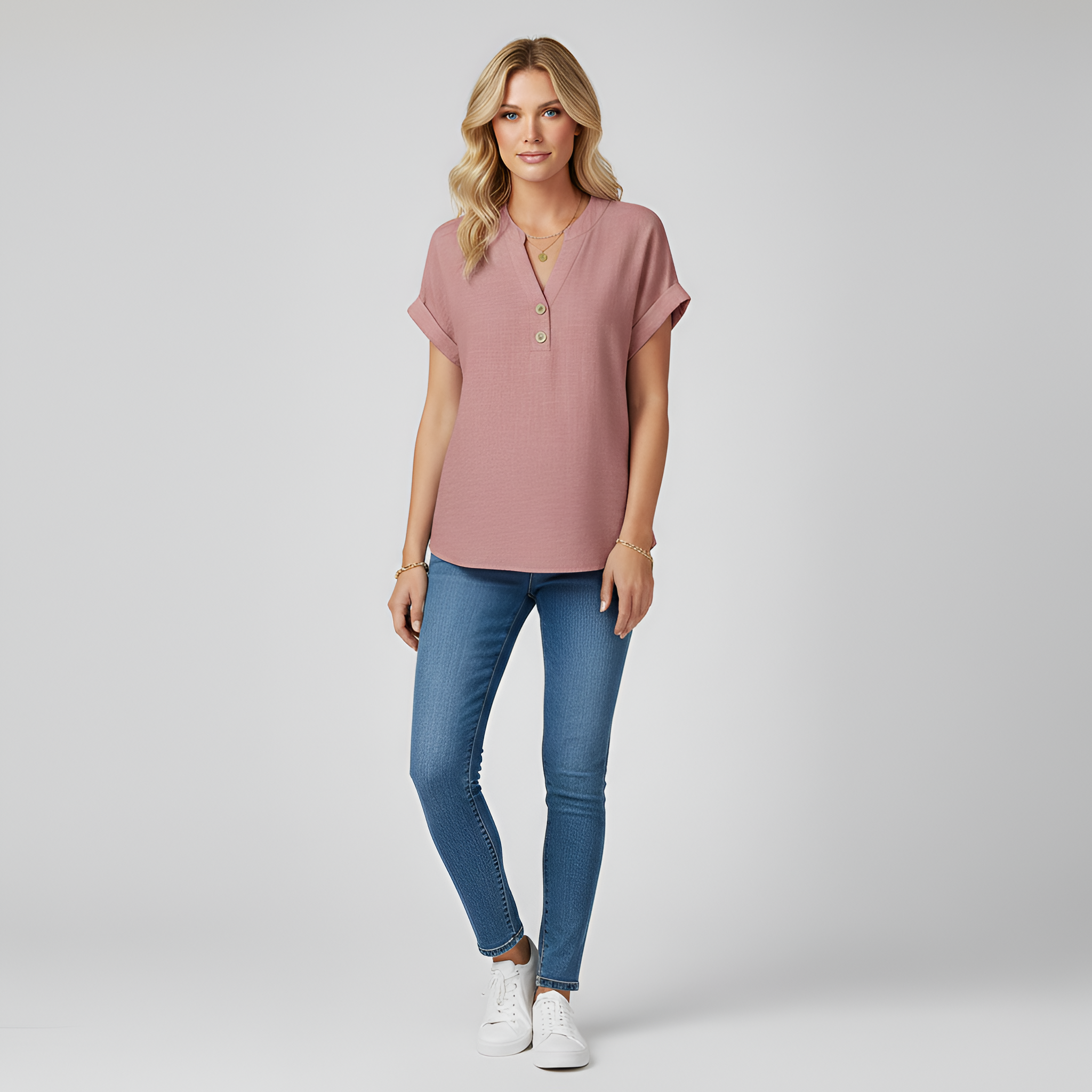 Blusa donna maniche corte in cotone con scollo a V e bottoni