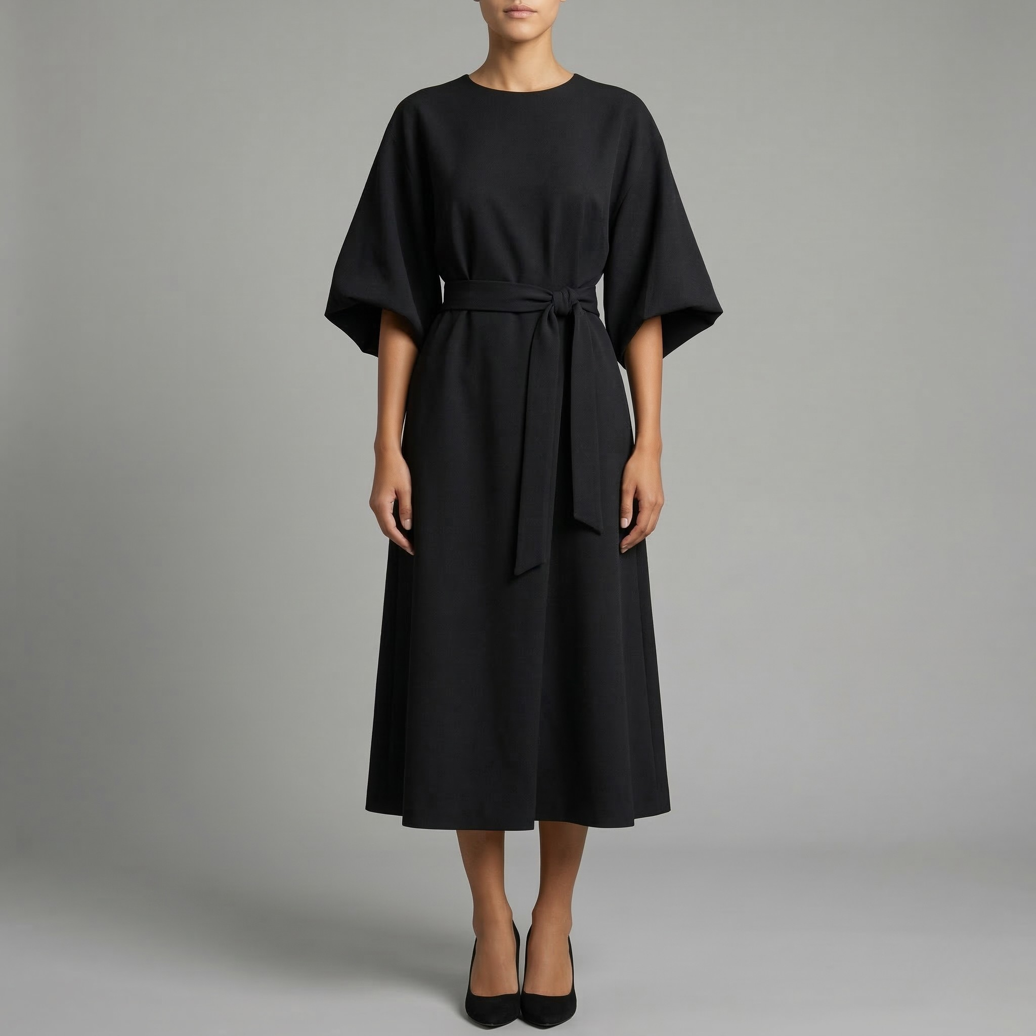 Sukienka midi damska z paskiem, szerokie rękawy, elegancka sukienka casual z długim rękawem