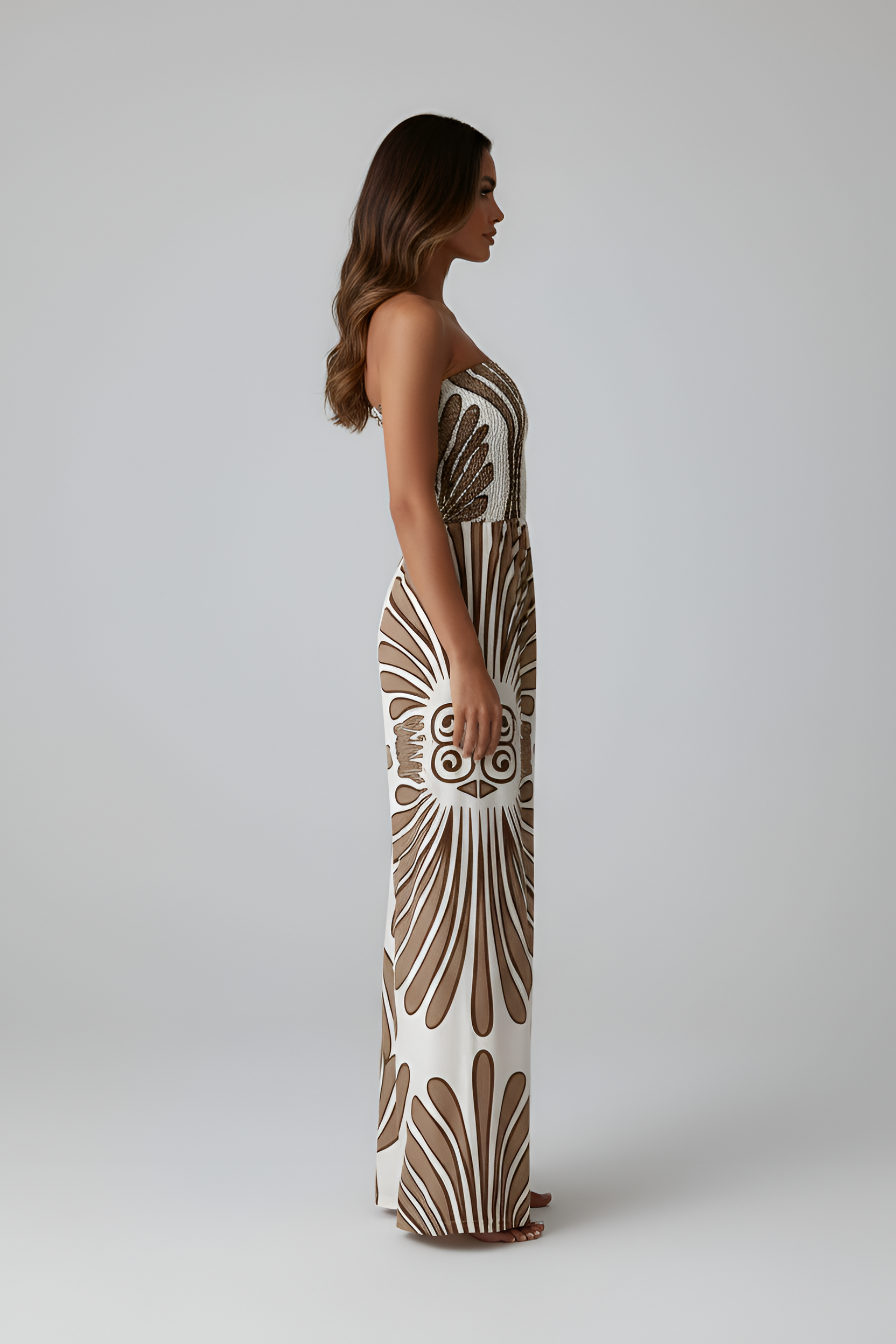 Abito lungo donna senza spalline con stampa, vestito estivo casual elegante