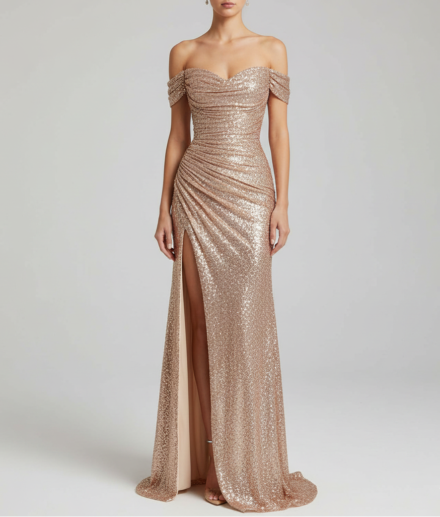 Valerios Fashion abito maxi da sera elegante con paillettes e spacco laterale