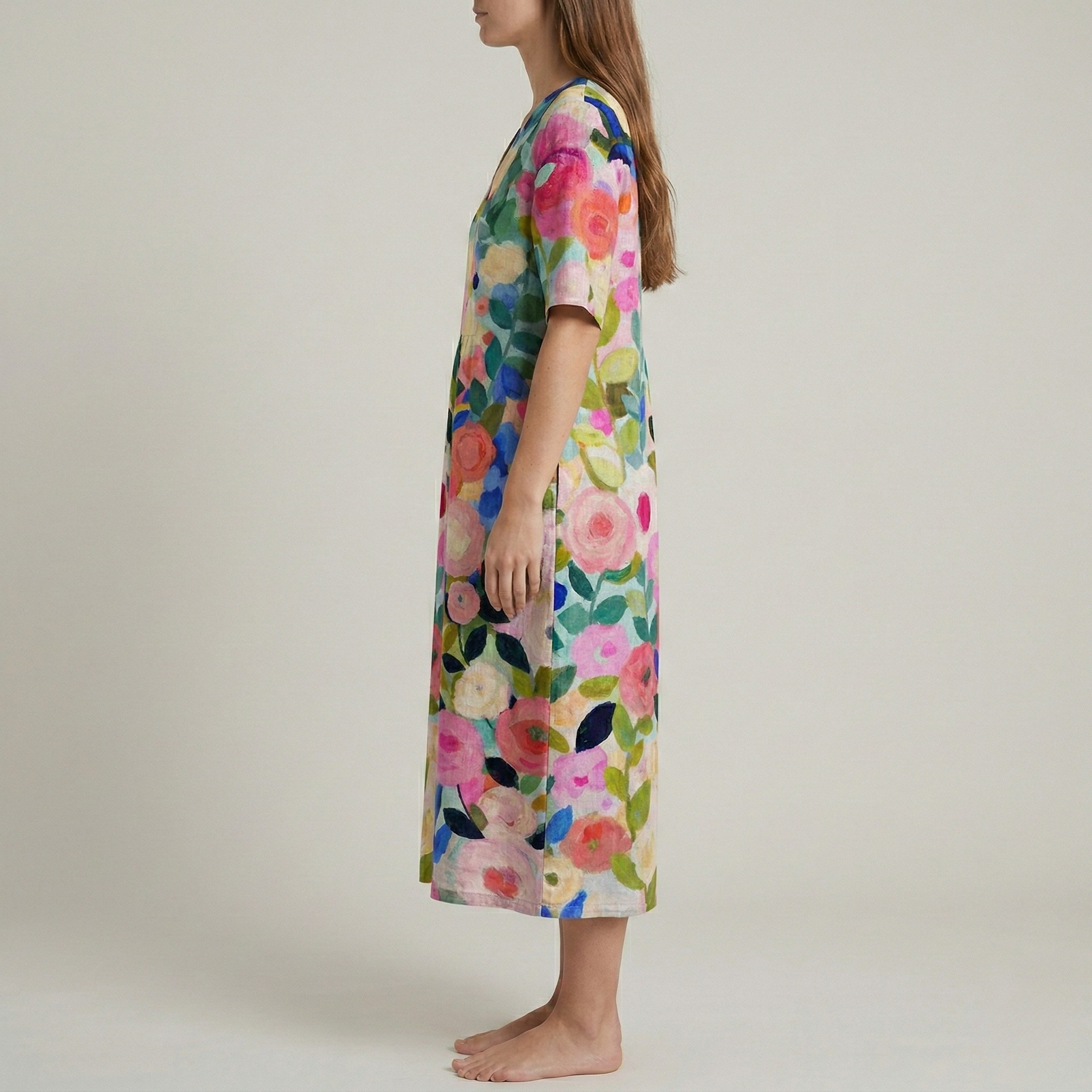 Vestido longo feminino floral em algodão com decote em V e manga curta