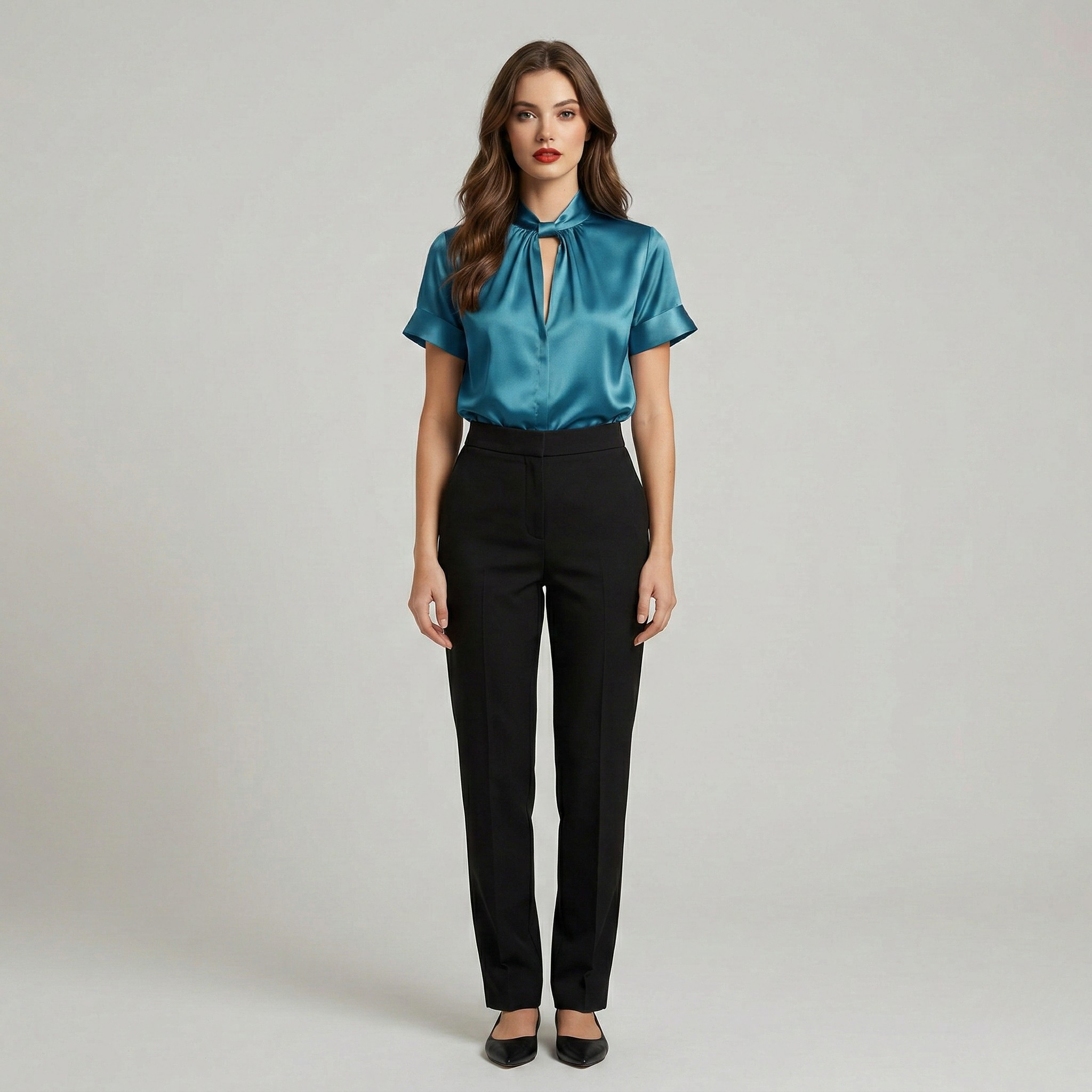 Blusa Donna Elegante Manica Corta con Collo Alto e Dettaglio Cut-Out