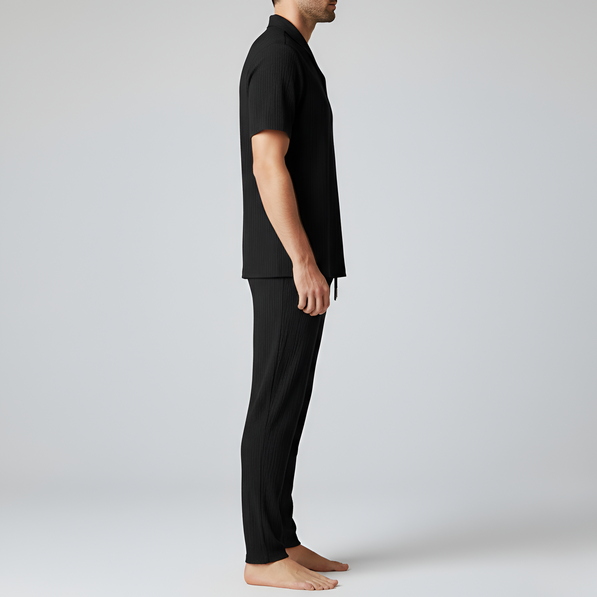 Set pigiama uomo a maniche corte con pantaloni lunghi effetto costina