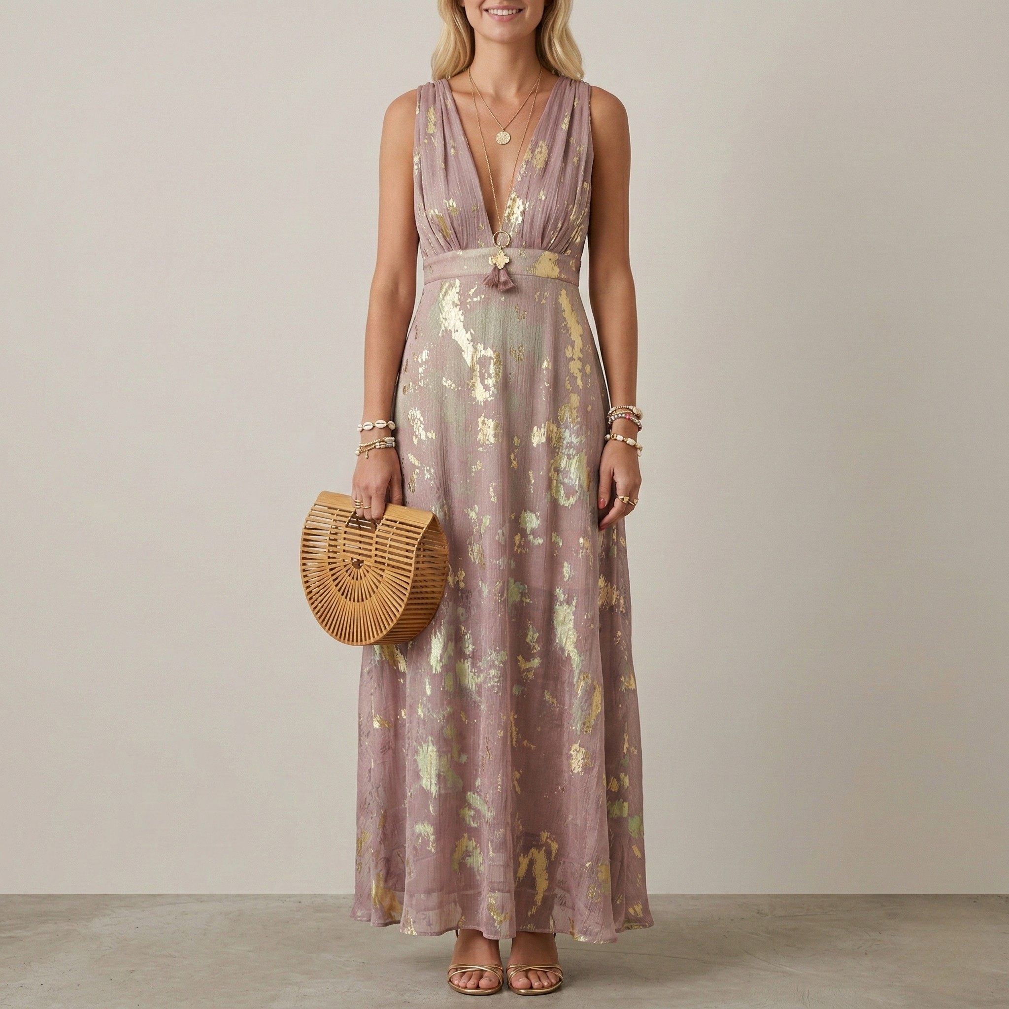 Dlhé dámske šaty s výstrihom do V bez rukávov, elegantné spoločenské šaty