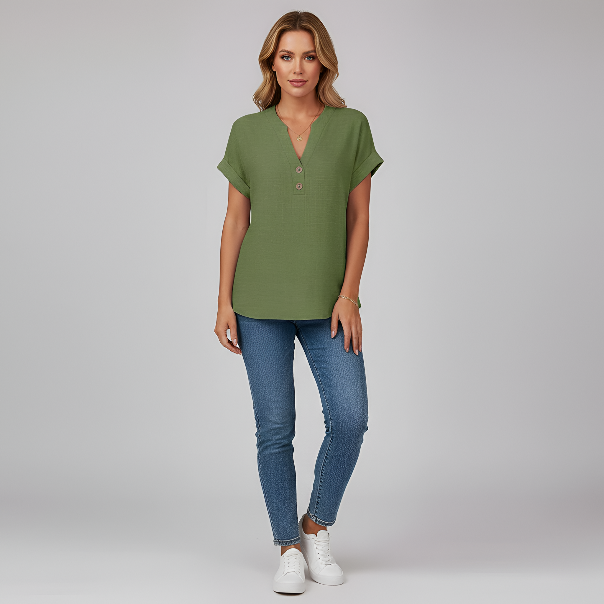 Blusa donna maniche corte in cotone con scollo a V e bottoni
