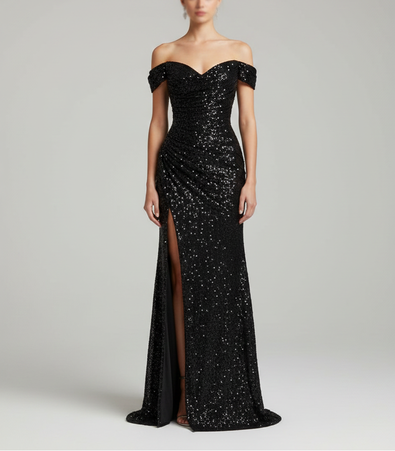 Valerios Fashion abito maxi da sera elegante con paillettes e spacco laterale